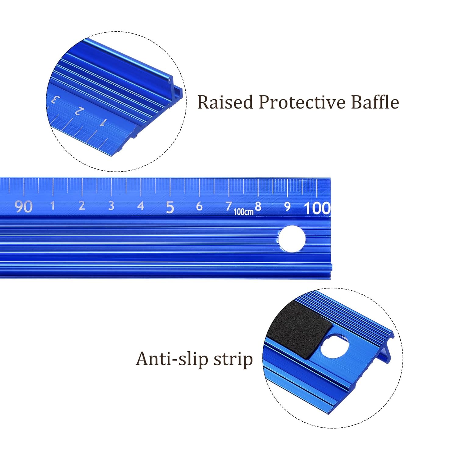 Raised Grip Metal Ruler - [100cm ] Aluminum Alloy Precise Measurement Cutting Straight Protective Ruler Ruler Blue for Office Measure Cut Drawing Use, 1mm Precision