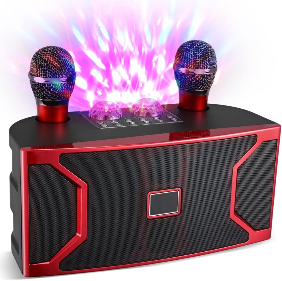 Máquina De Karaoke Portátil Con 2 Micrófonos Inalámbricos – Efectos De Voz, Luces LED Y Bluetooth Para Fiestas En Casa O Exteriores