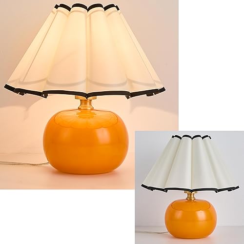 Miniatura 4 de Lámpara de mesa moderna de mediados de siglo, base de cristal naranja y pantalla festoneada plisada blanca para dormitorio, sala de estar, mesita de