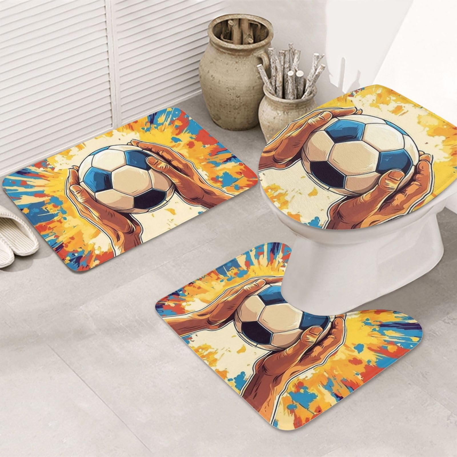 Alfombrilla de baño infantil diseño de fútbol juego de 3 piezas antideslizantes