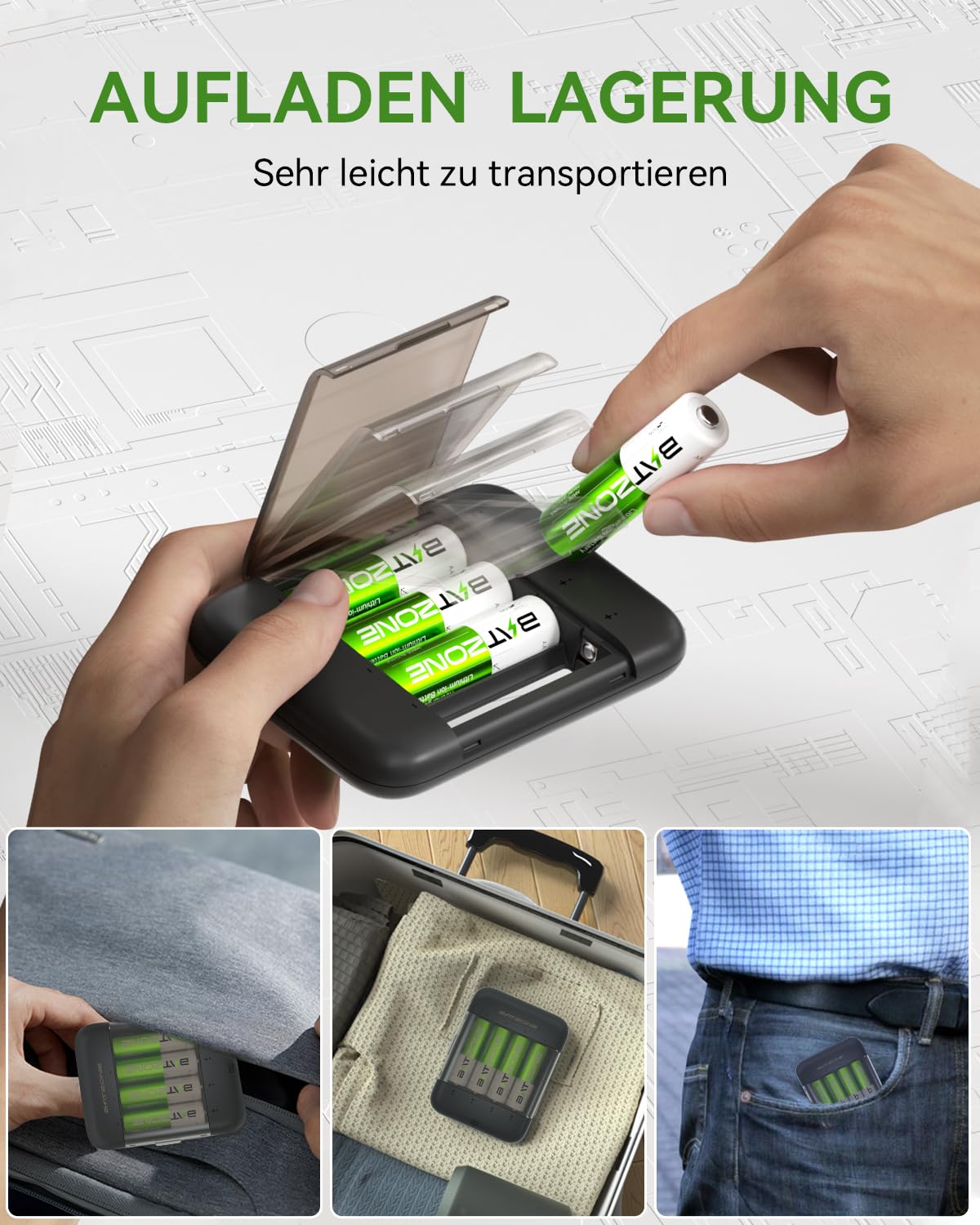BATZONE Baterie litowo-jonowe AA 4-pak z ładowarką, 2500 mAh Wysoka pojemność 1,5 V baterie AA