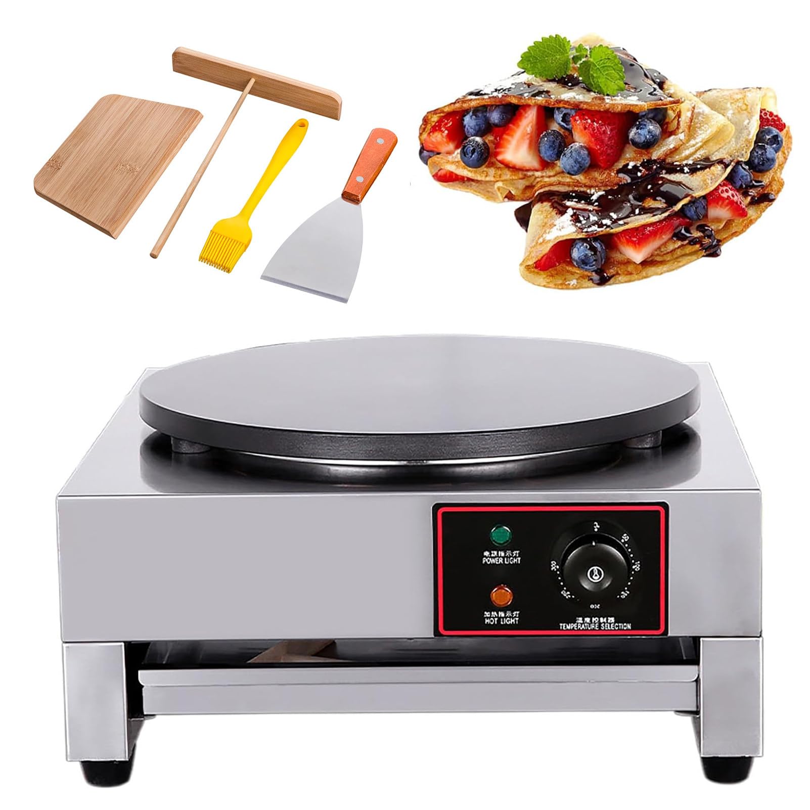 asdchZen 40Cm Electric Crepe Maker Commercial Pancake Machine Nonstick Hotplates, Adjustable Temperature Control Stainless Steel Griddle Machine, Comes With Applicator Tool