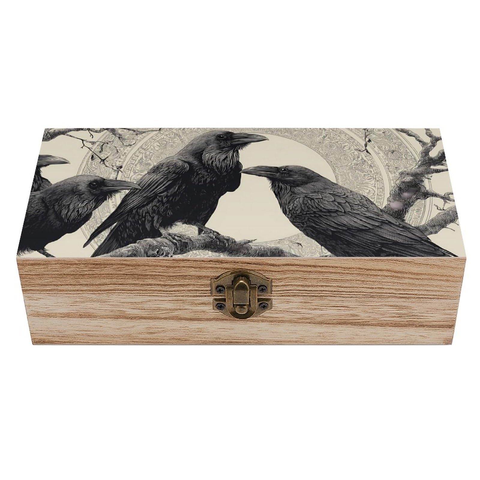 HLBSDM Vintage Black Crows Perched Wooden Storage Box Craft Memory Keepsake Treasure Chest Box Jewelry Organizer