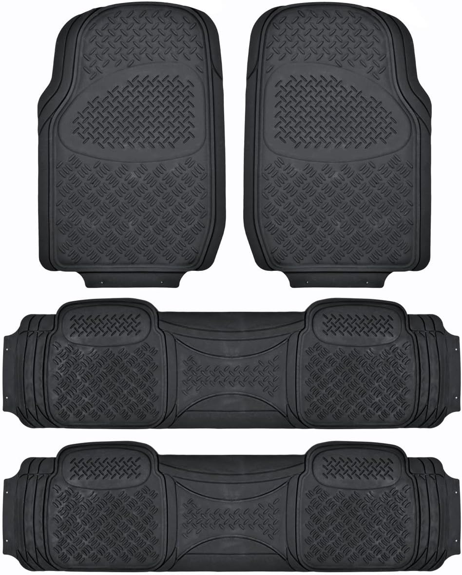 BDK Heavy Duty VAN SUV Rubber Floor Mats - 4 Pieces 3 Rows Full Set - All Weather Trimmable Mat (Black) - MT-713-711-BK