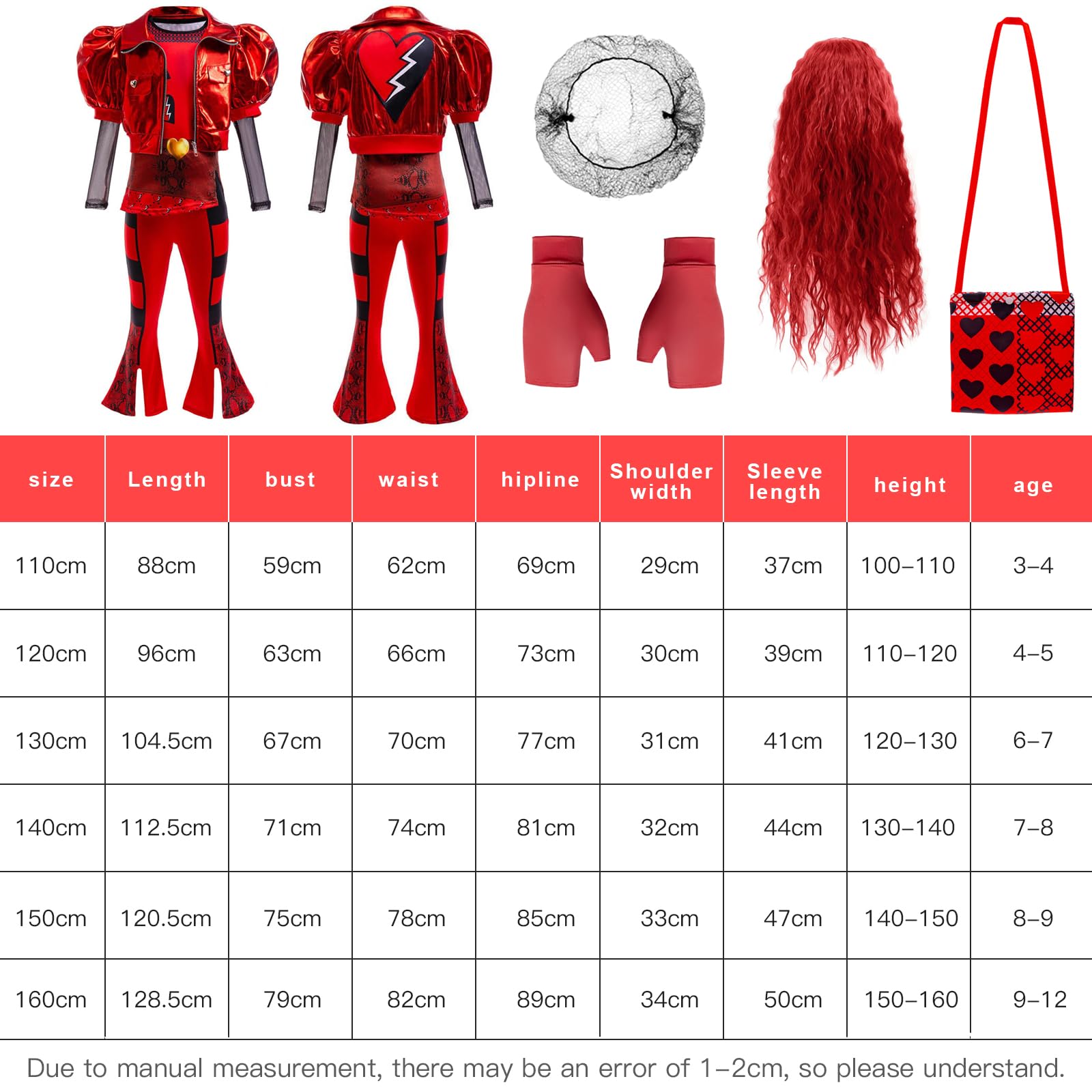 Red Kostüm mit Jacke, Top, Hosen Perücke Rot, Rot Handschuhe, Liebesbeutel für Karneval, Haloween Kostüm Mädchen