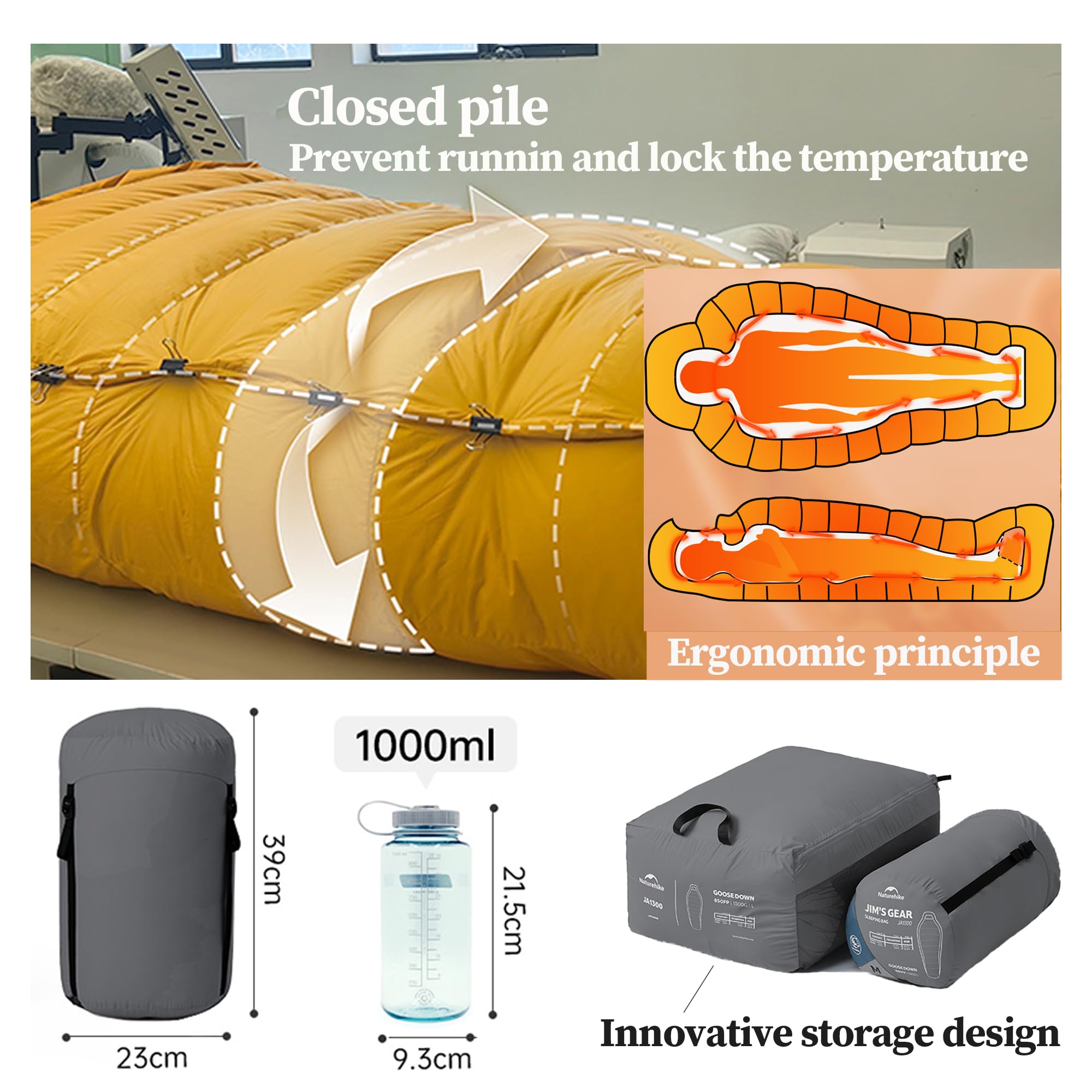 Naturehike Schlafsäcke, 850FP, wasserabweisender Gänsedaunen-Schlafsack, 15D-Nylon, wasserdicht, geschlossen, leicht, tragbar, für Übernachtungen bei kaltem Wetter und Camping, mit Aufbewahrungstasche