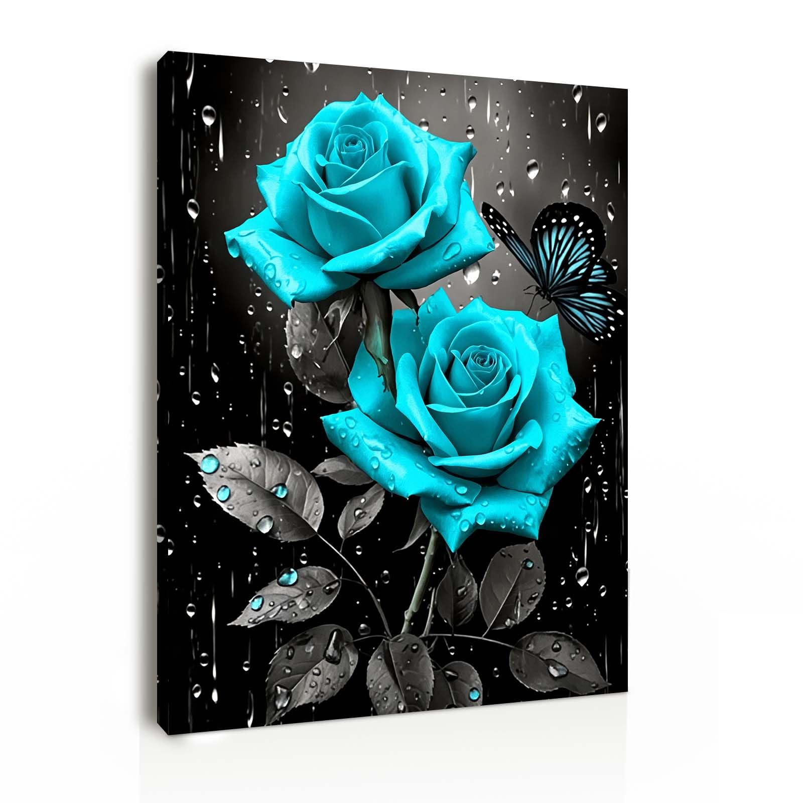 Galmcook Canvas Wall Art 12x16 Inch Framed Blue Rose Painting with Butterfly Modern Wall Decoration for Living Room Bedroom Hallway and Stairs Artwork Wall Pictures with Hooks and Magic Tape โ image 1