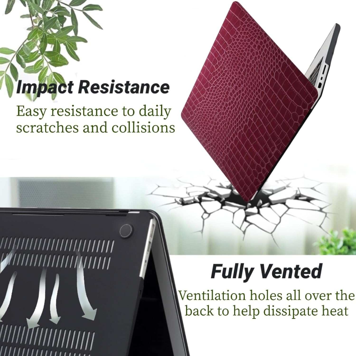 Hard Case Compatible with MacBook Air 13 Inch Case 2020 2019 2018 Release A2337 A2179 A1932 M1 with Touch ID, Hard Crocodie Leather Laptop Shell and Keyboard Skin, Wine Red Gator