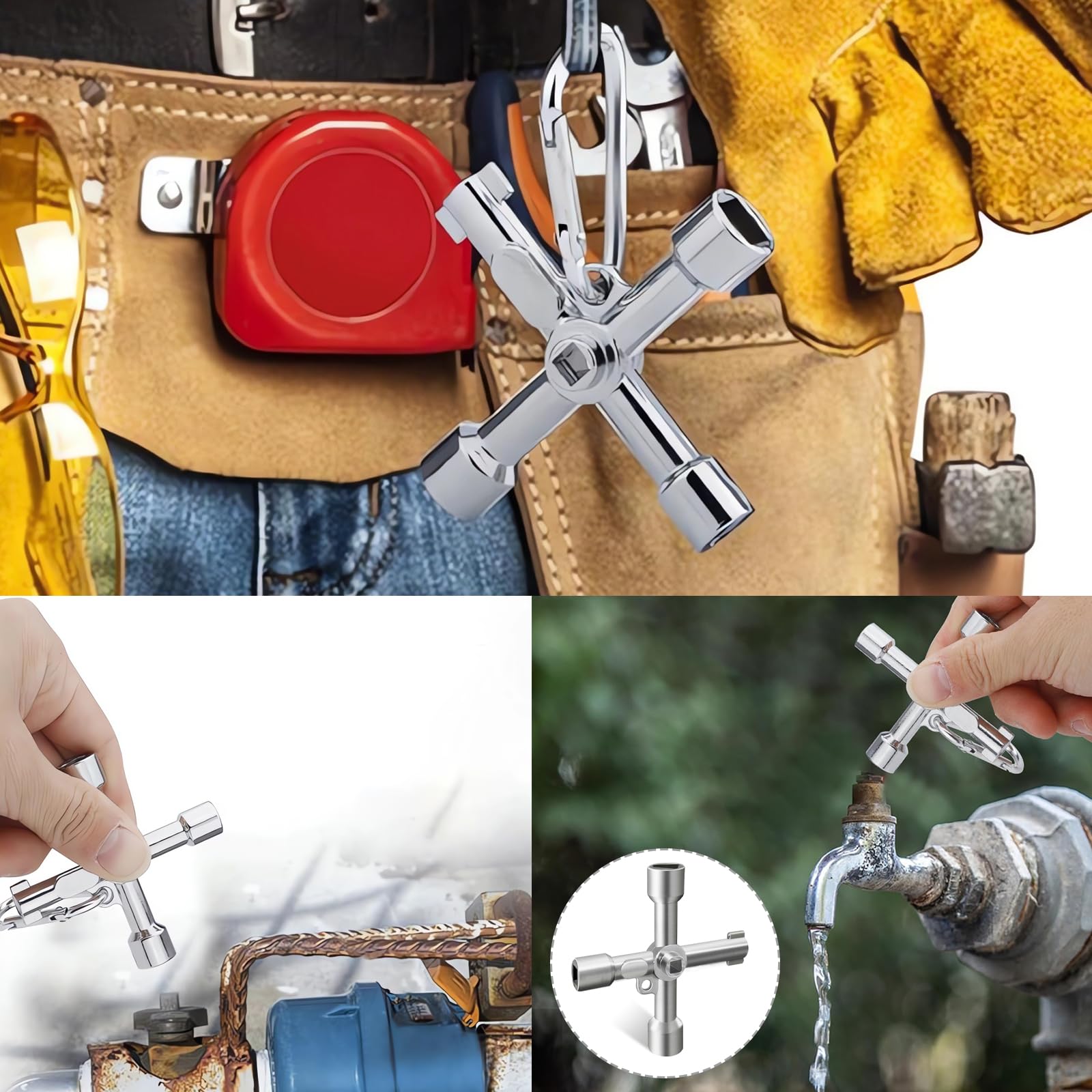 Chiave Multifunzionale a 4 Vie, Chiave Master, Chiave Multifunzionale, Chiave Universale - Con 4 Contorni, Per Contatore Del Gas Elettrico, Armadio, Radiatore (Argento)