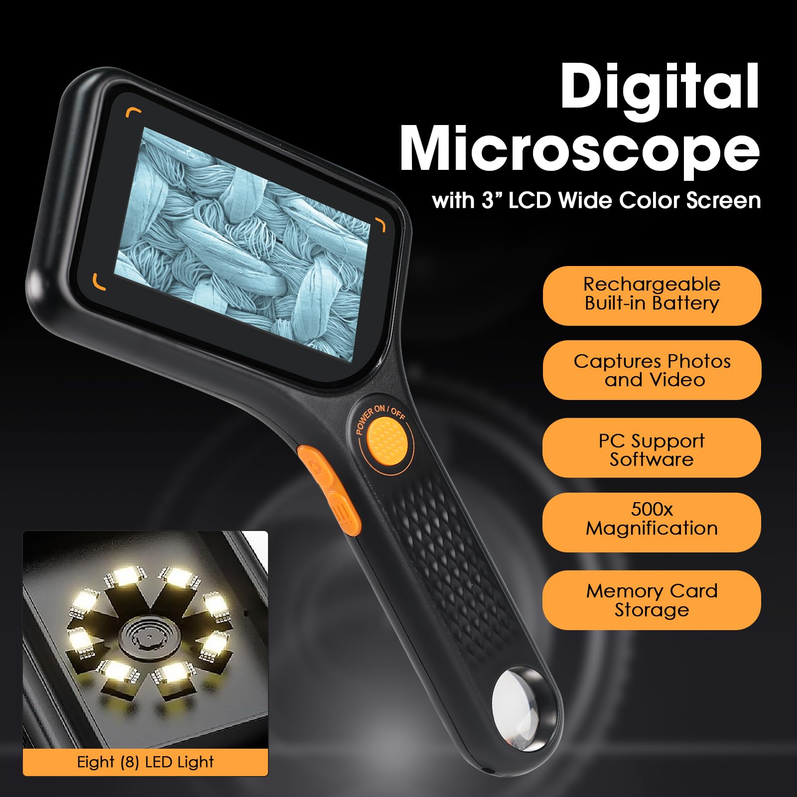 Microscopio digitale portatile 500X con schermo IPS da 3 pollici, autofocus, scheda TF da 4 GB, lente d'ingrandimento portatile USB con 8 luci LED per foto e video, registrazione e trasmissione