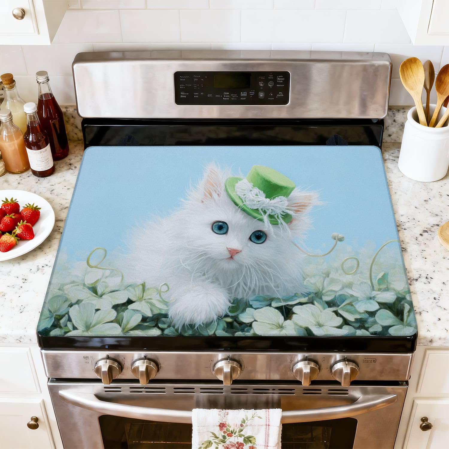 Stove Top Cover for Electric Stove Adorable Kitten Green Hat Clover Sky Blue Heat Resistant Glass Cooktop Protector Flat Top Oven Cover Mat Prevent Scratching 28" x 20"