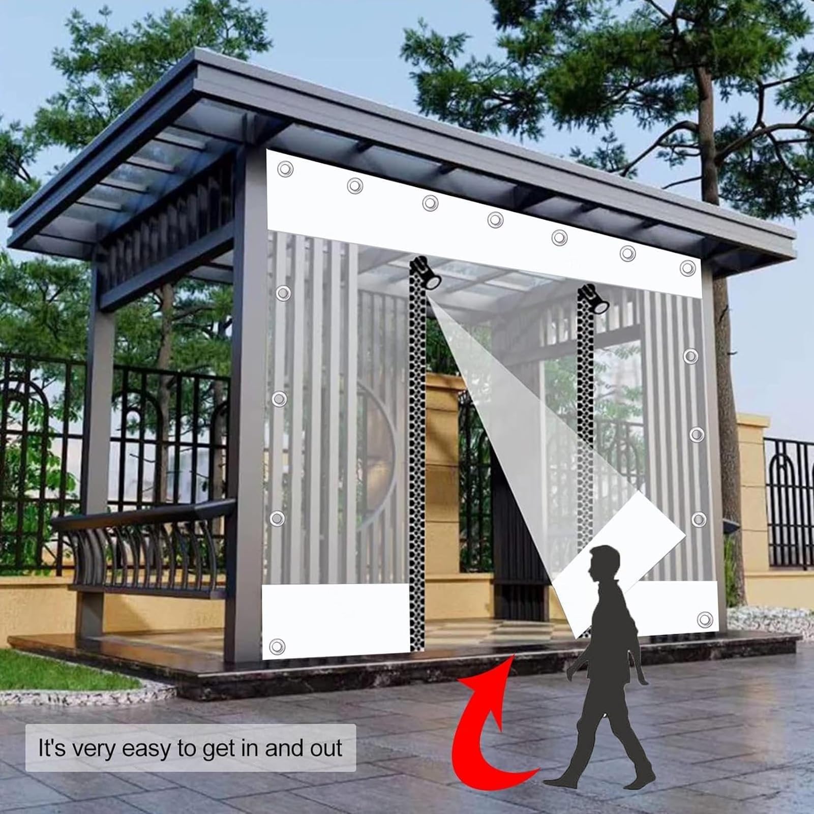 Pergola Pavillon Veranda transparente Plane Vorhänge mit Reißverschluss-Tür, wasserdicht, transparente Seitenteile, Ösen, 230 x 220 cm