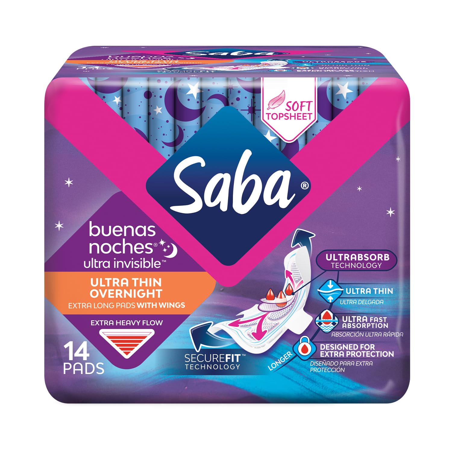 Saba Almohadillas ultra invisibles ultrafinas con alas, fabricadas con tecnología SecureFit para todos los tipos y tamaños de cuerpo, 112 unidades (8 paquetes de 14)