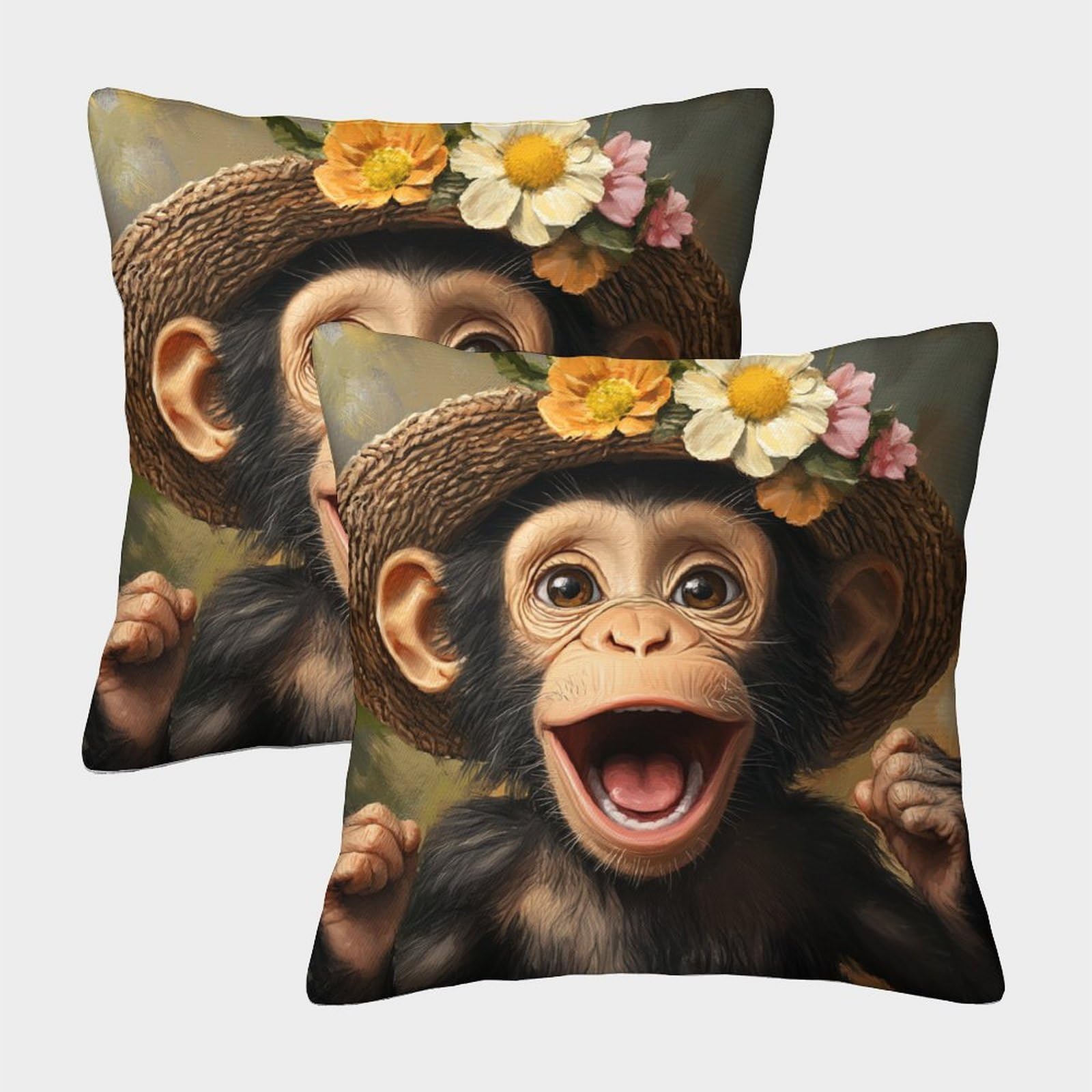 kaiyun 2 Pack Happy Funny Monkey Wearing Flower Hat Pillow Case 40x40cm 3D Printing Wild Animals Cushion Cover,home Decoration Sofa Cushion
