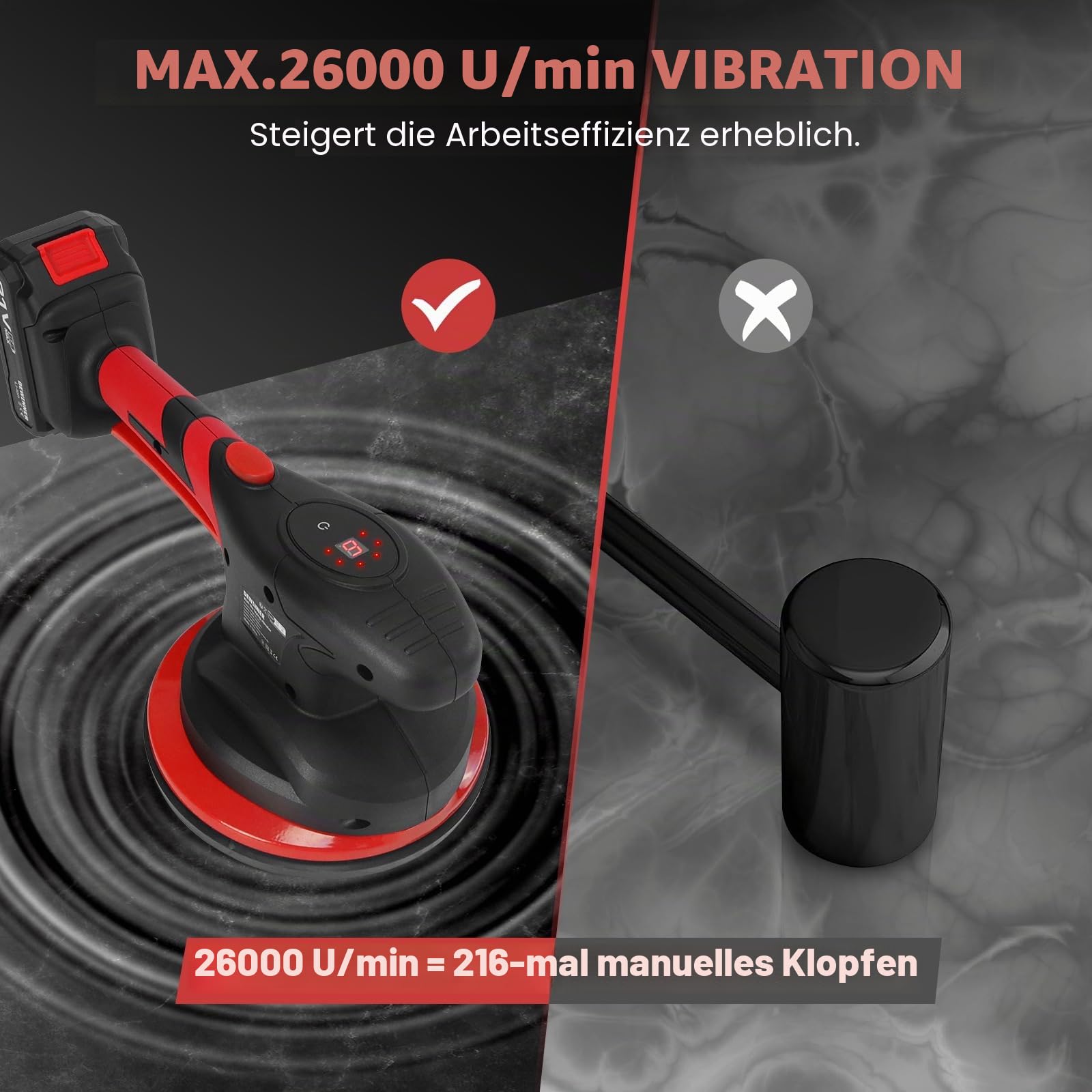 DEWINNER Fliesenvibrator, Fliesenmaschinen 6 Gänge Einstellbar, Fliesenrüttler mit akku Vakuum Saugheber für 0,3-2m Fliesen, 120kg Adsorption (Mit 2 Akkus und LCD-Display)