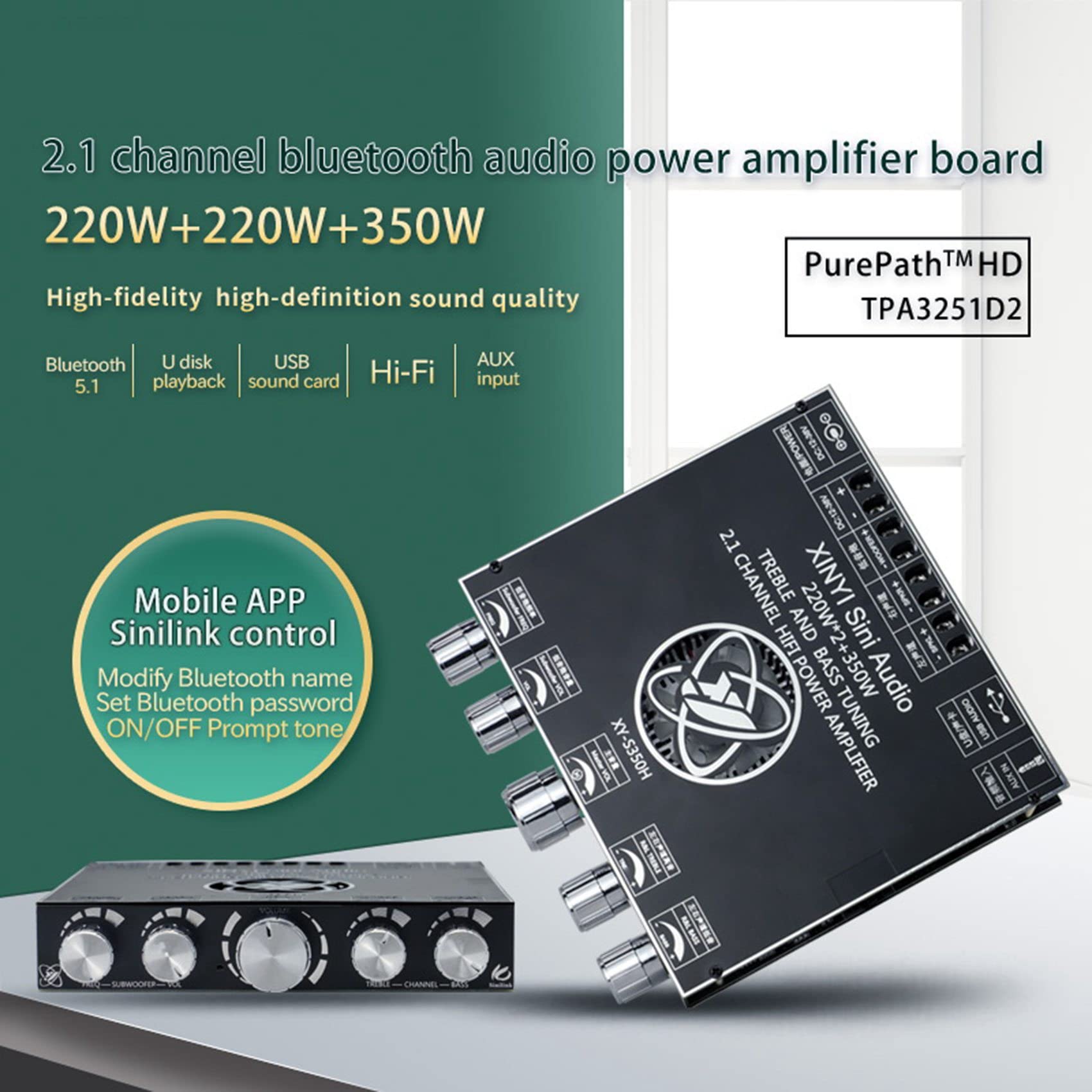 Module D'Amplificateur NuméRique Bluetooth 2.1 Canaux TPA3251 Subwoofer à Tonalité éLevéE et Basse, Carte D'Amplificateur 220Wx2 + 350W XY-S350H