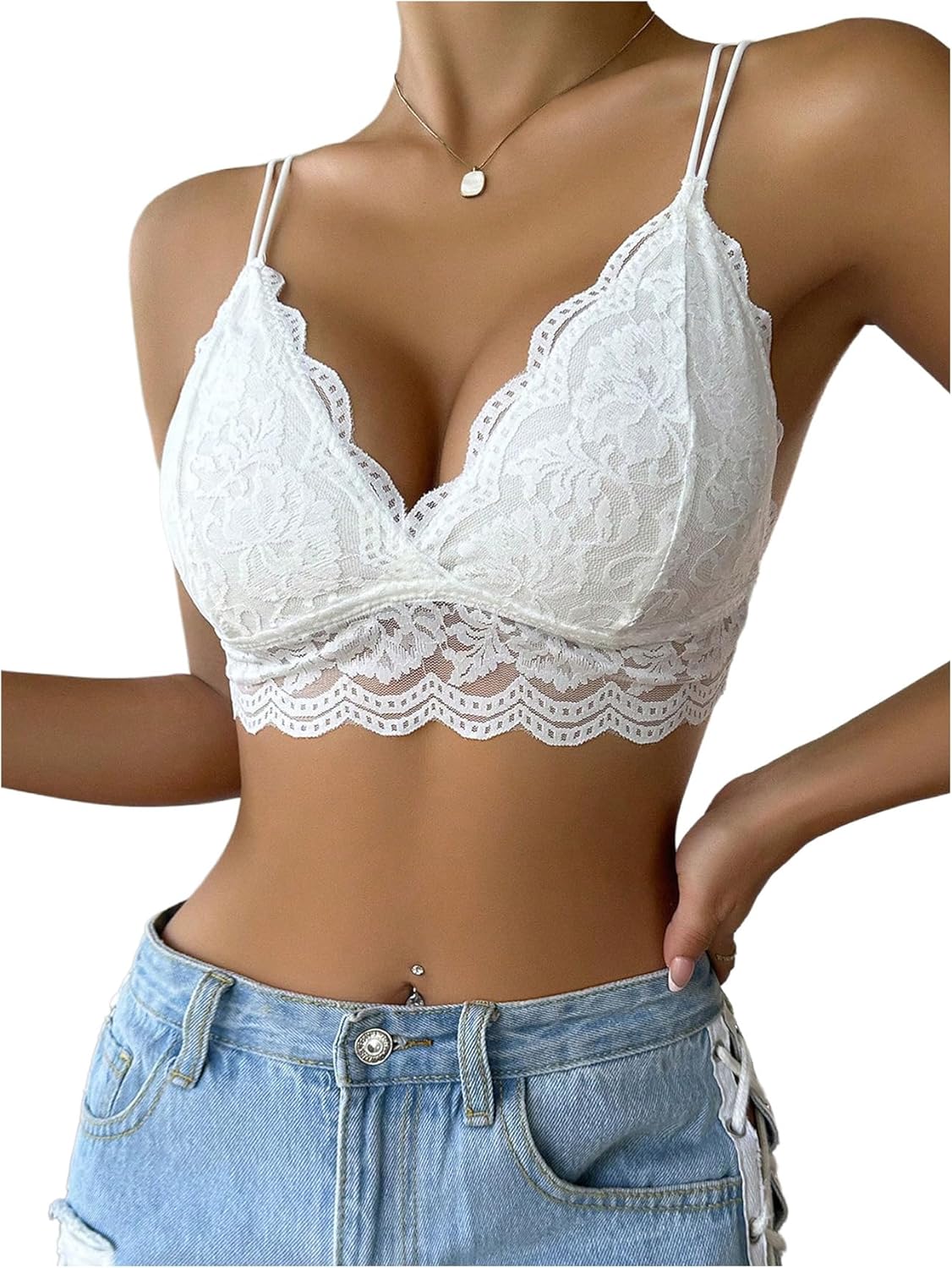 MakeMeChic Women's Floral Lace Bra Spaghetti Strap Scallop Trim Wireless Lingerie Bralette