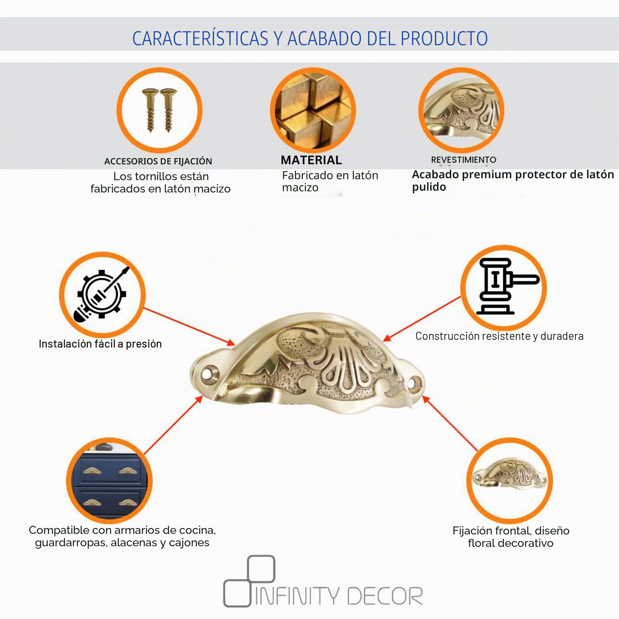 Infinity Decor Paquete de 4 tiradores de latón macizo con acabado de latón pulido adecuado para armarios de cocina, cajones, puertas de muebles, 100 mm