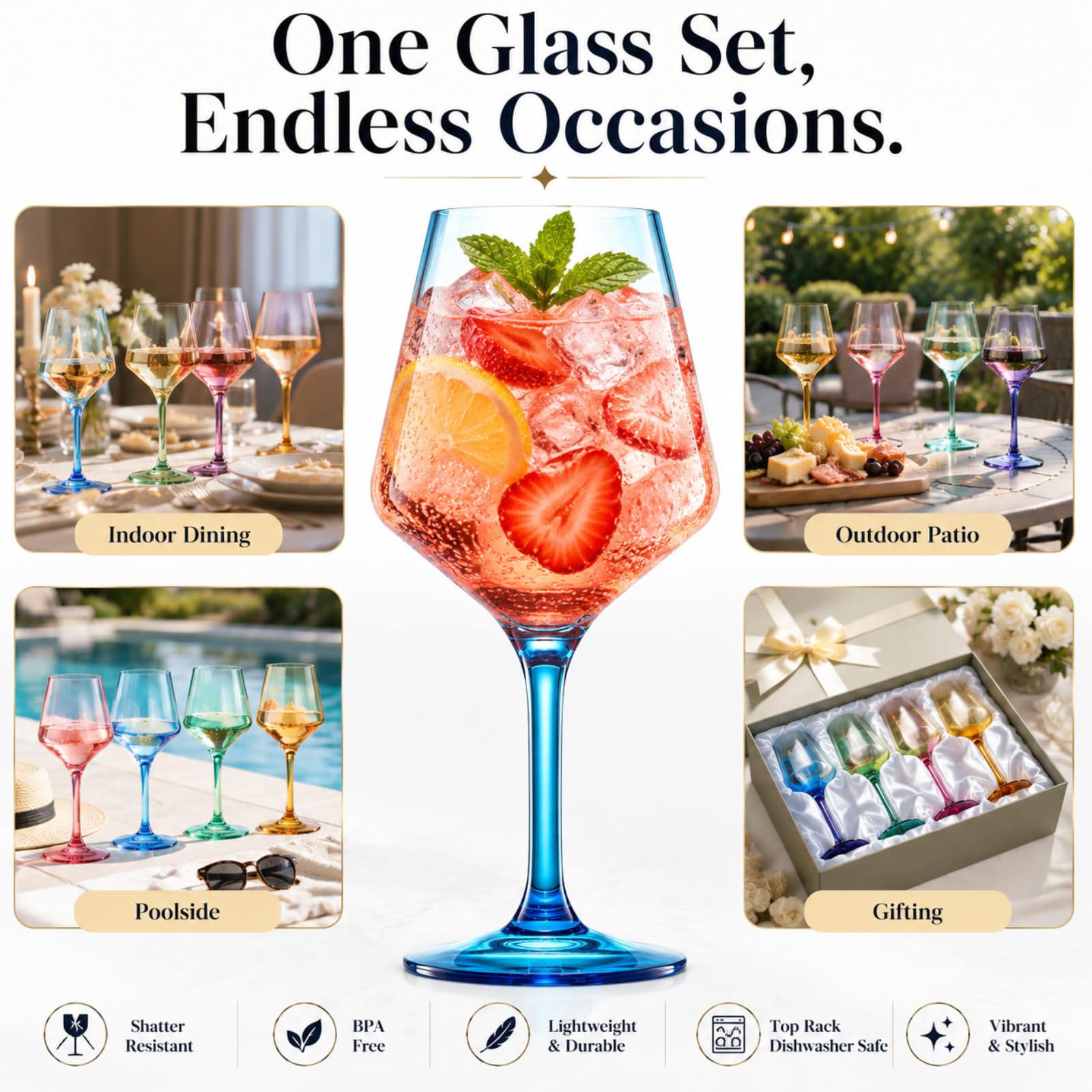 Lot de 12 verres à vin à pied en plastique incassable de style européen Tritan Couleurs vives incassables Sans BPA Pour extérieur, piscine, intérieur, lavage à la main 500 ml Cadeau quotidien et