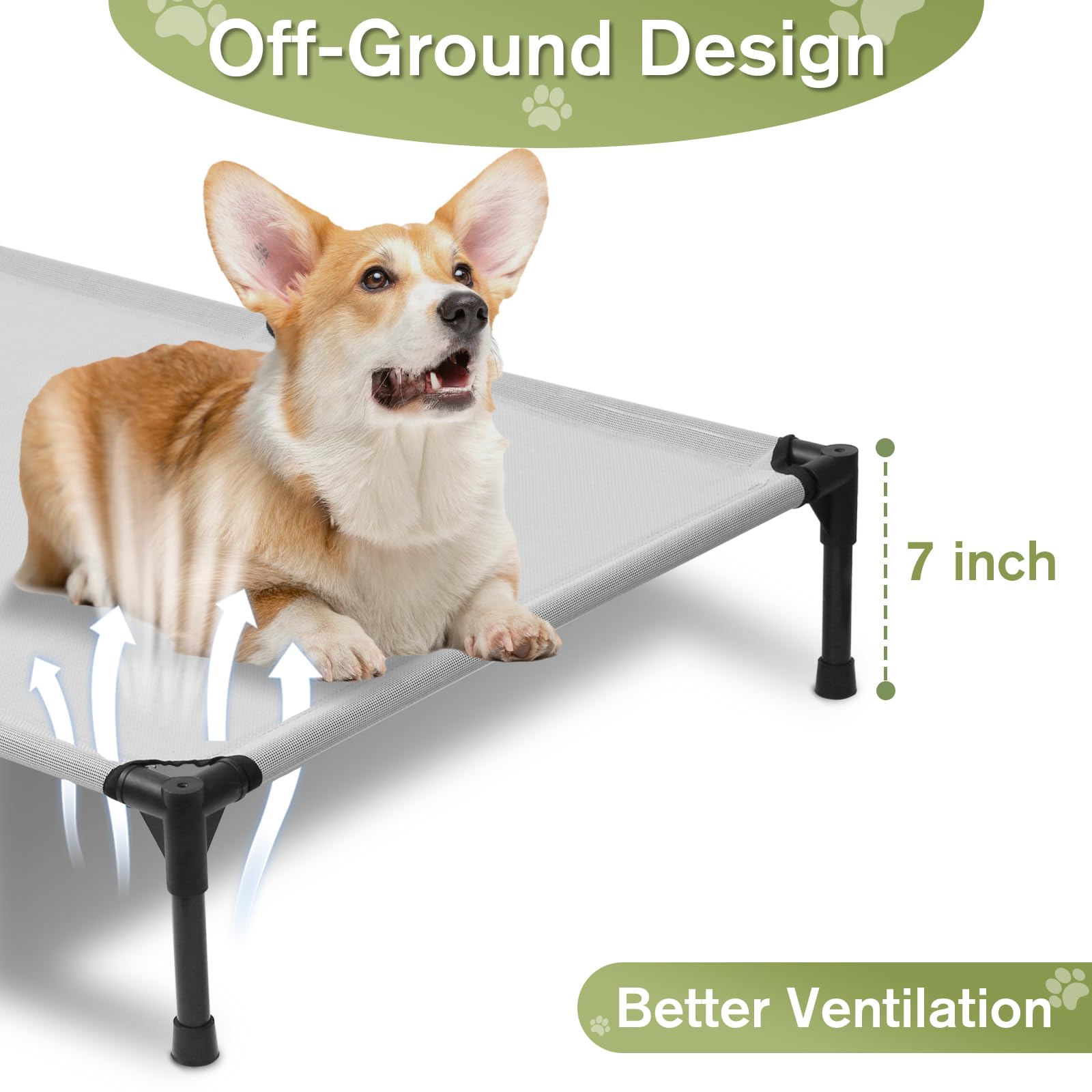 Dokdogs Cooling Elevated Dog Bed, Raised Dog Bed with Washable Breathable Mesh and Metal Frame, Portable Pet Cot Bed with No-Slip Feet, Grey, M