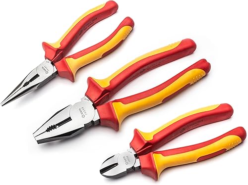 SATA Juego de alicates aislados VDE de 3 piezas (8 pulgadas, diagonal de 6 pulgadas y nariz larga), cuerpos de acero al cromo vanadio duraderos -