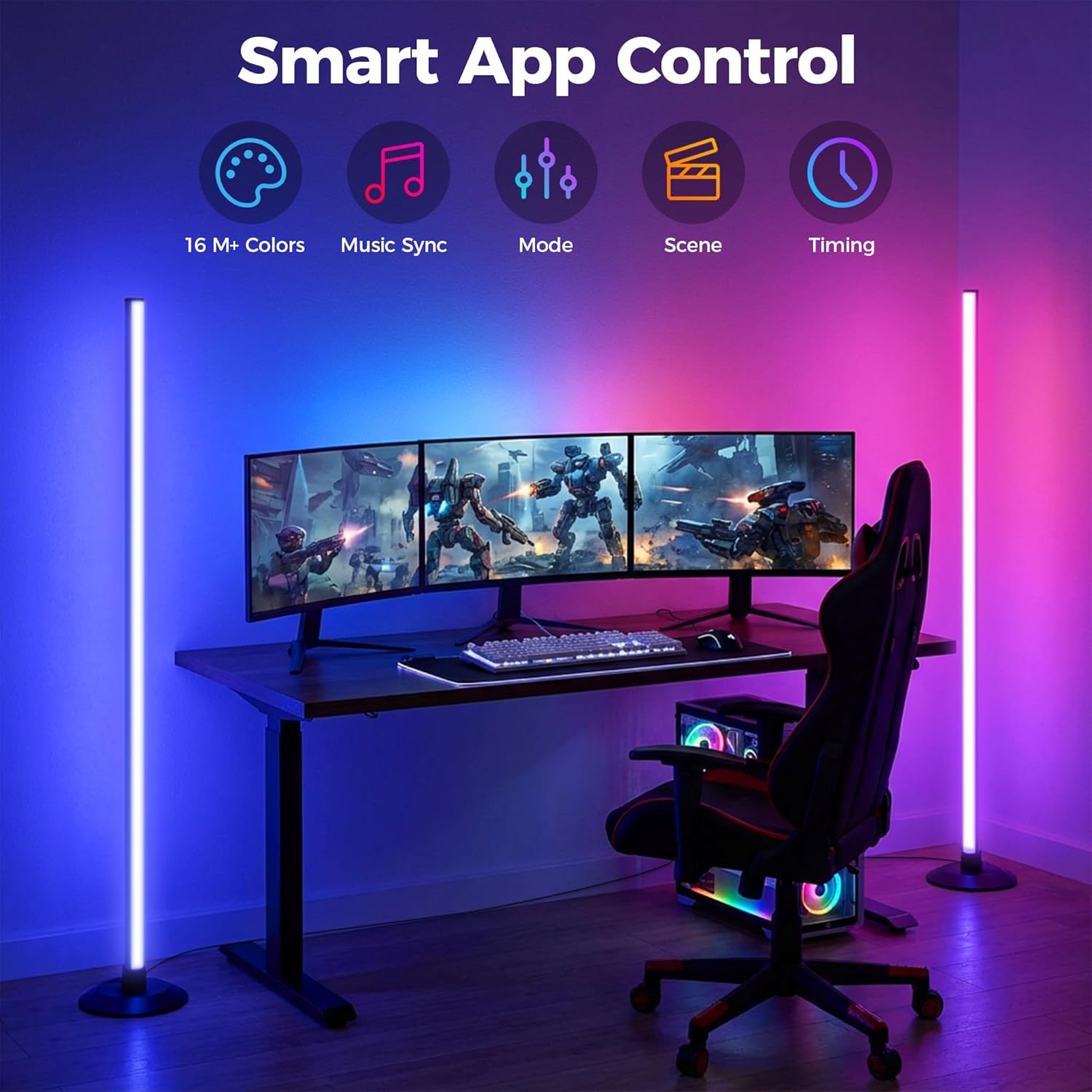 Flupuro 2 Pack ICRGB Corner Floor Lamp, Smart LED Floor Lamps with App & Remote Control, Music Sync, 16 Million Colors, Auto Timer, Modern Ambient Standing Light for Gaming Room, Living Room, Bedroom