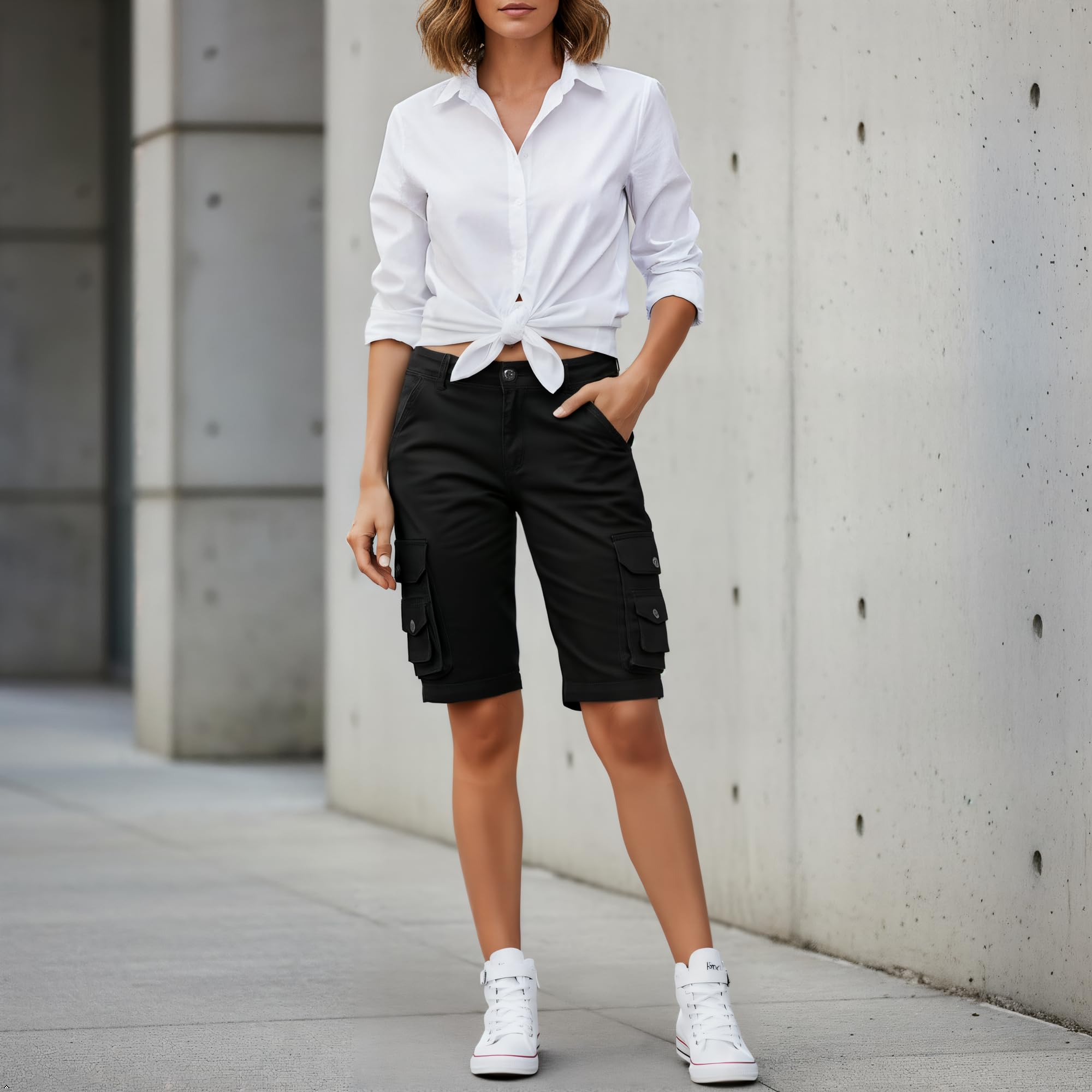 Aeslech Bermuda-Shorts für Damen, leger, Baumwolle, mehrere Taschen, einfarbig, Camouflage, Outdoor-Kleidung
