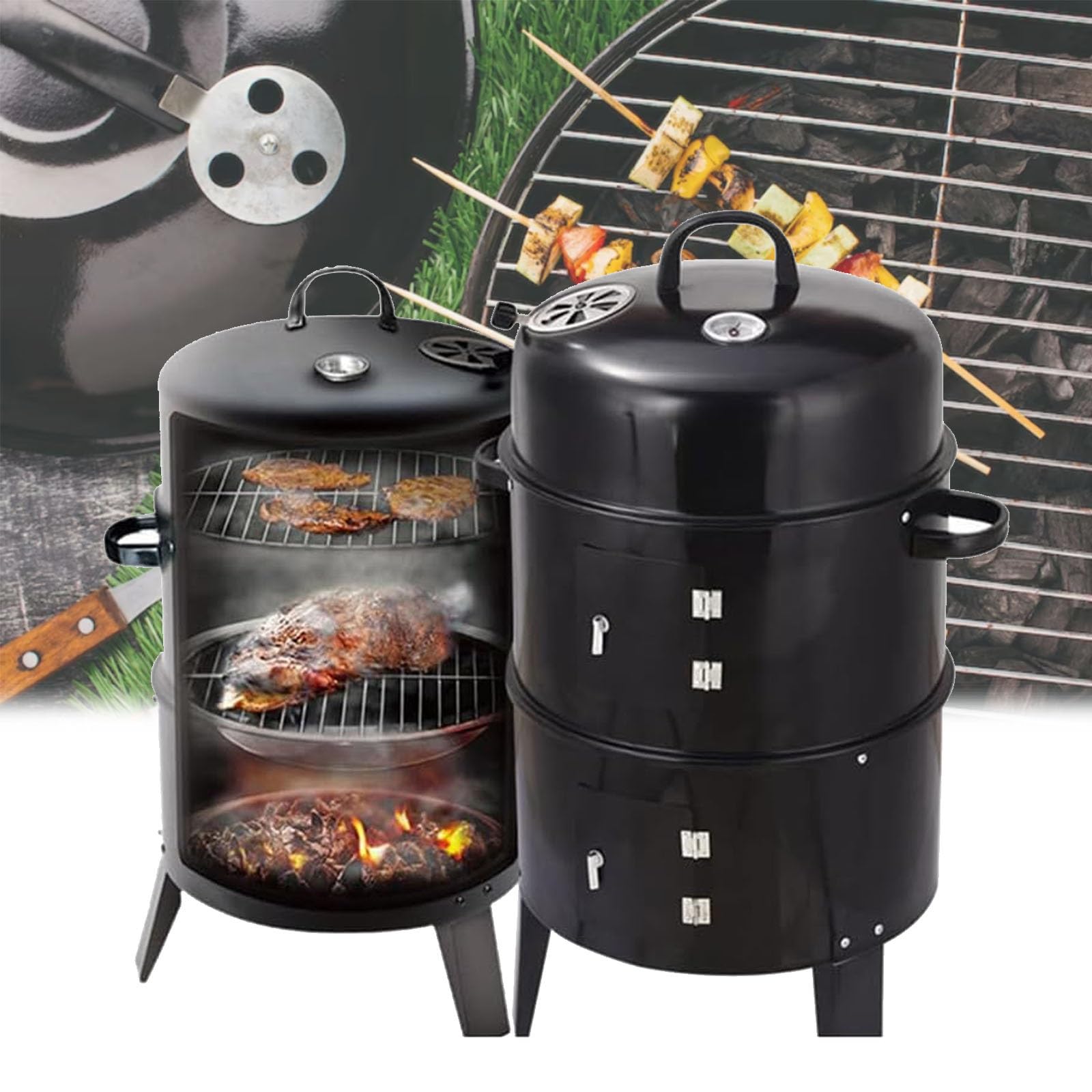 Grill na węgiel drzewny, wytrzymały stalowy grill z regulacją temperatury, przenośny okrągły wędzarnia do mięsa, ryb i warzyw