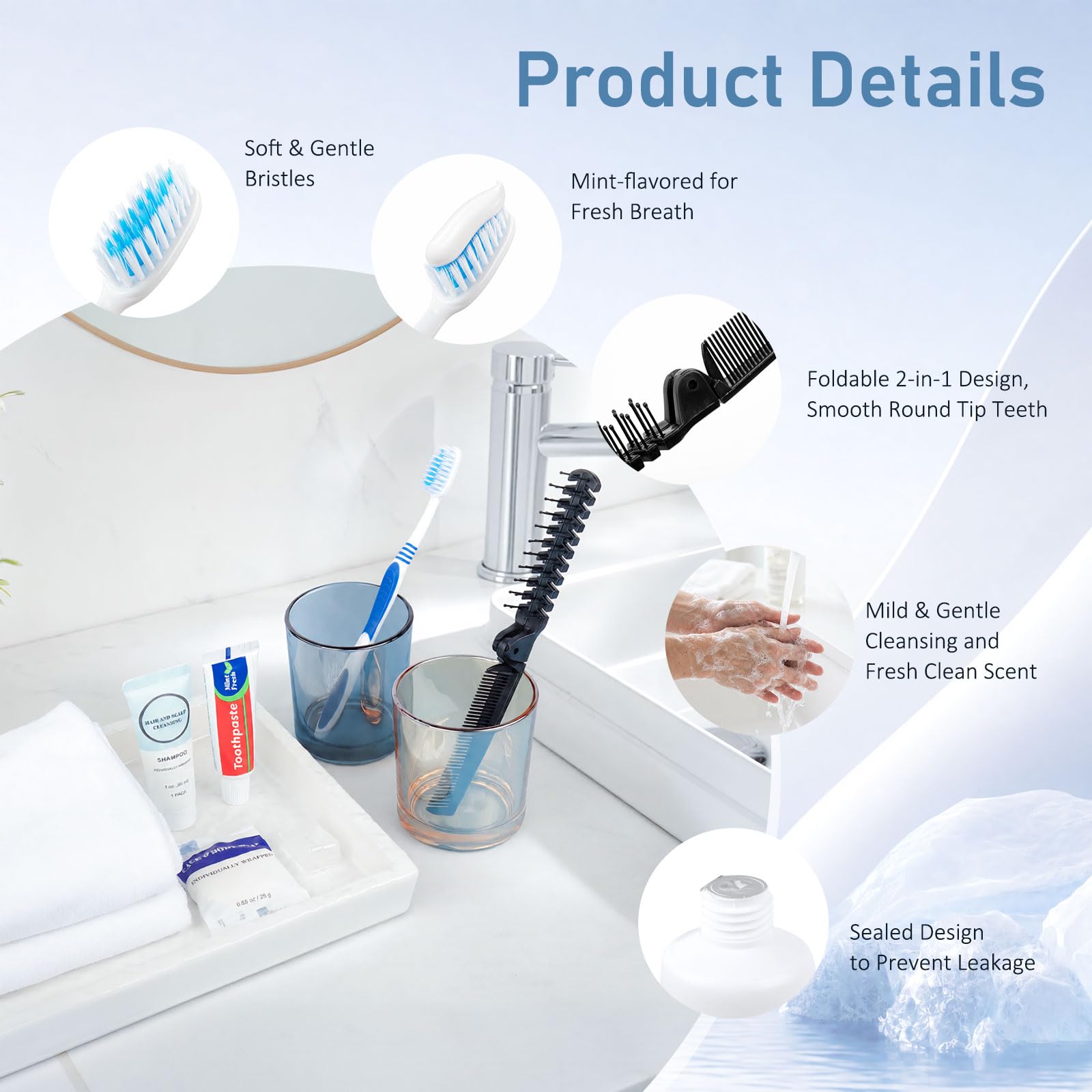 Kit di articoli da toeletta da viaggio, kit di igiene personale 5 | Con spazzolino da denti, dentifricio, shampoo, pettine, sapone, confezionati singolarmente per gli ospiti, hotel, campeggio