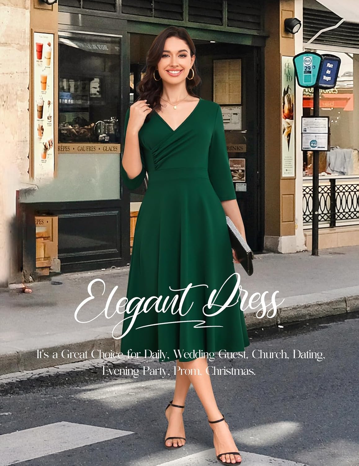 Bbonlinedress Cocktail Dress Formal Wedding Guest 3/4 Sleeve Christmas Dress Church A-Line V-Neck Swing Midi Tea Dress - Image 3