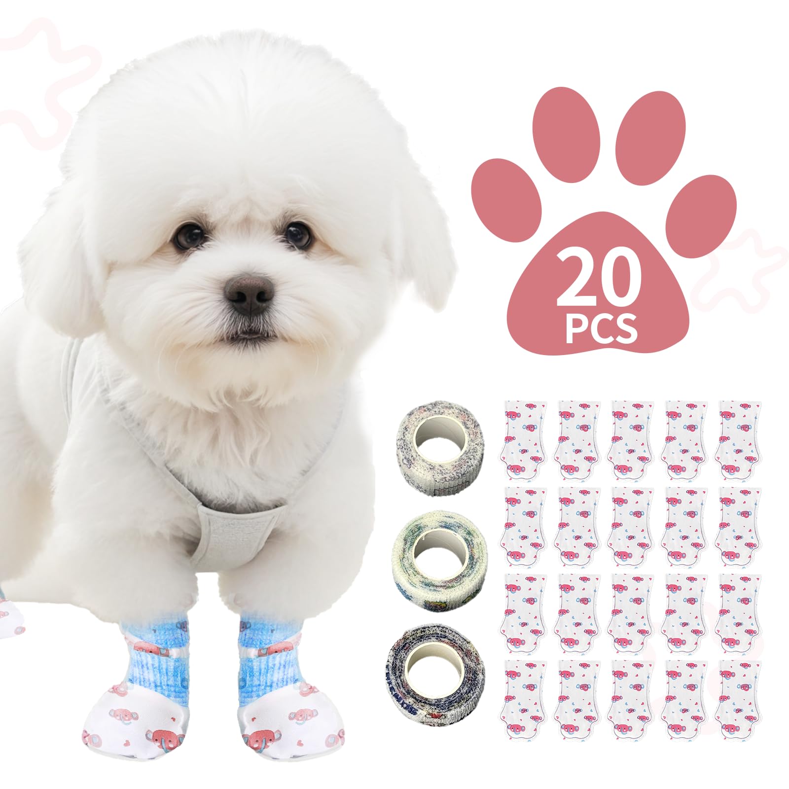 Disposable Dog Booties for Dog Cats, Pet Booties Waterproof and Breathable with Adjustable Bandage,Unstoppable Paw Protectors for Dogs Cats, 20 Counts