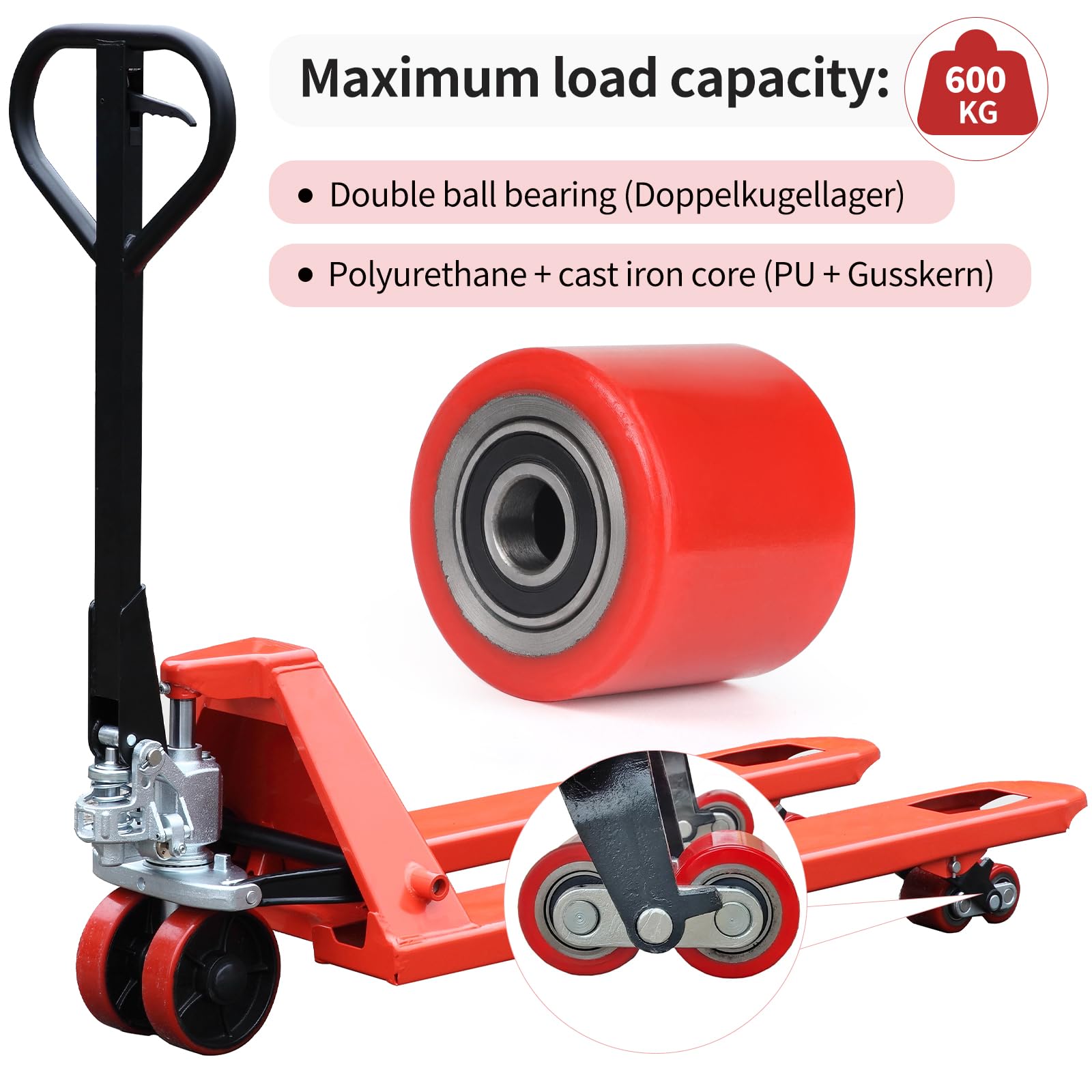 SWAWIS 4 Stück Hubwagen Rollen Polyurethan 80 x 70 mm Achse 20 mm inkl Kugellager Rollen für Hubwagen Ersatzrollen Maximale Tragfähigkeit 600kg