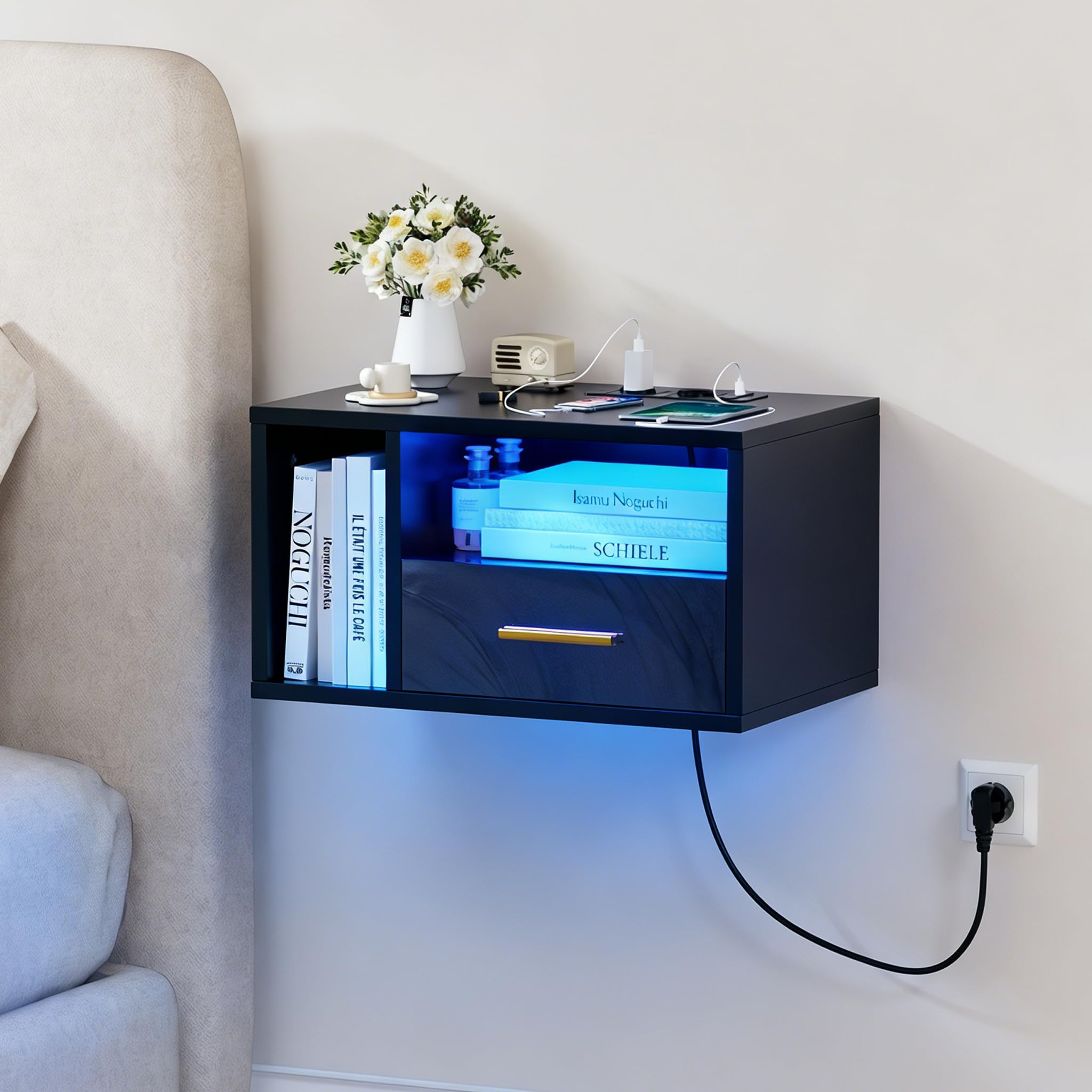 Nachttisch Hängend mit led, Nachttisch mit Ladestation, Nachtschrank Schwarz, Offenes Fach Und Einer Schublade, 46.5x30x25.5cm, 16 Farben LED, Modern, Wohnzimmer Schlafzimmer
