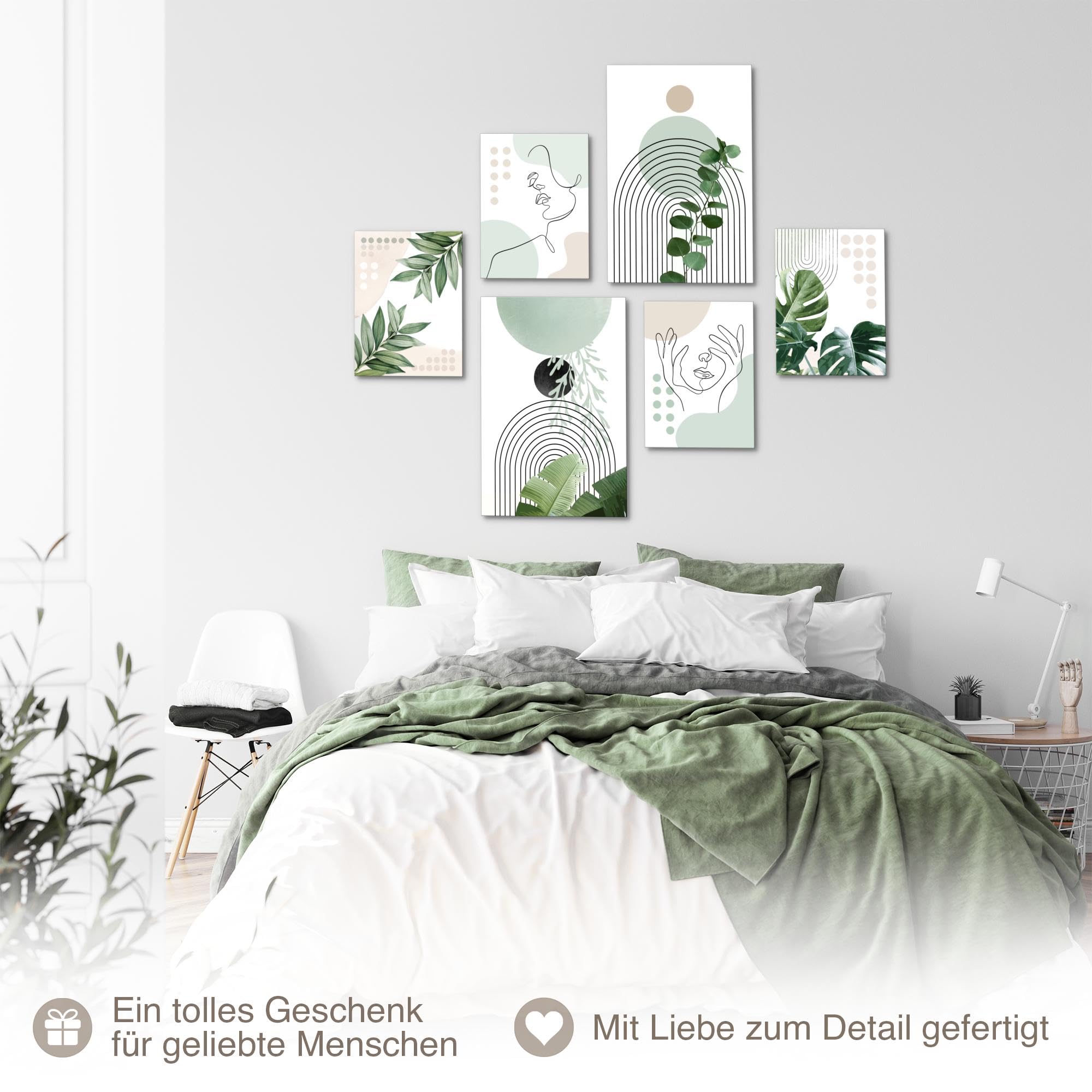 Novart Wandbilder Abstrakt Figuren Blätter - KOMPLETT AUFHÄNGFERTIG - Beige Weiss Grun Wohnzimmer Schlafzimmer Flur - 6 Moderne Mood-Bilder - N034067a