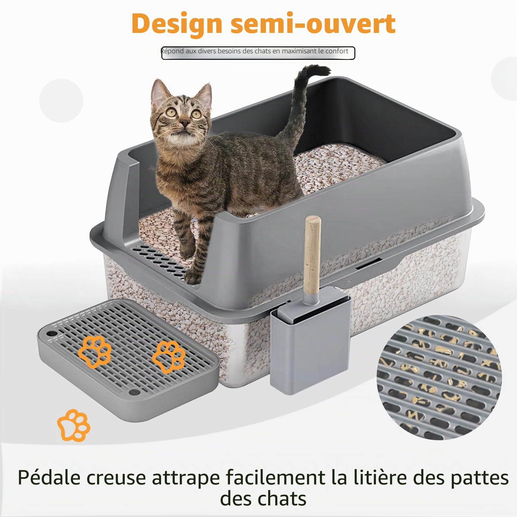 Bac a Litière pour Chat en Acier Inoxydable, Maison de Toilette XXL Anti Odeur avec Couvercle - Caisse Litière pour Chats avec Pelle