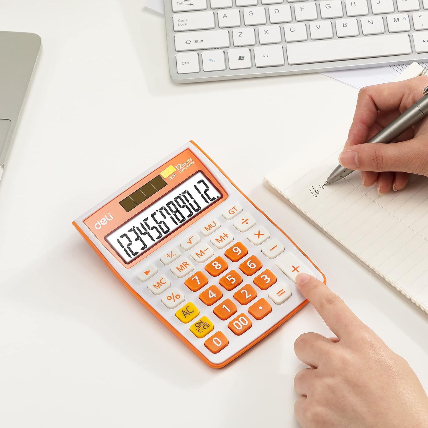 Calculator, Deli Standard Function Desktop Calculators with 12 Digit Large LCD Display, Solar Battery Dual Power Calculators for Office, School, Home, Orange