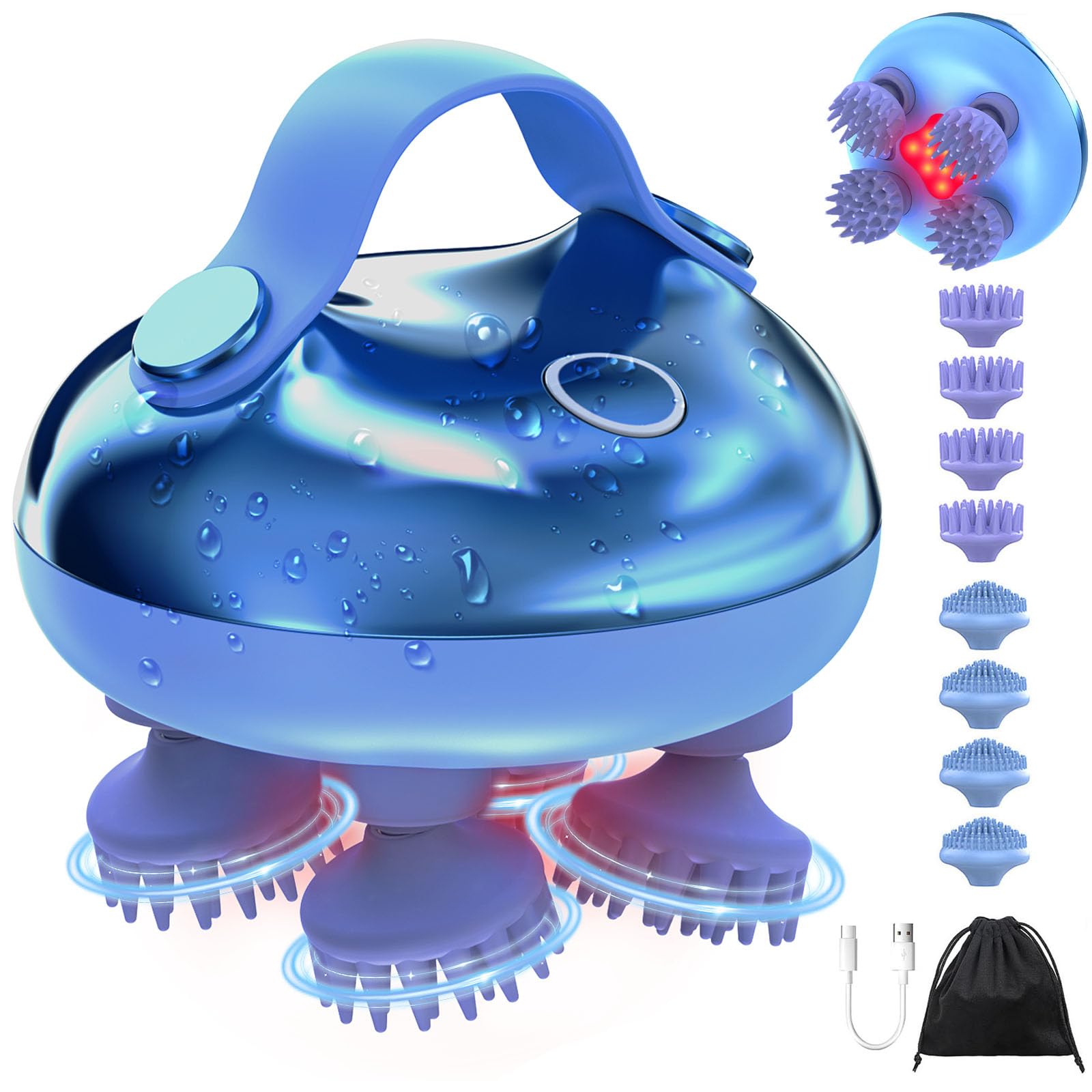 HuBeiChuangXiang Massaggiatore Cuoio Capelluto e Corpo Elettrico Massaggiatore Testa Ricaricabile Impermeabile IPX7 con 8 Silicone Massaggi e 3 modalità per la Crescita dei Capelli, Regalo