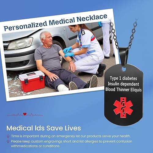 Miniatura 3 de Jewelstruck Collar de alerta médica para mujeres y hombres, etiquetas de identificación de emergencia, collar de doble cara, grabado gratuito,
