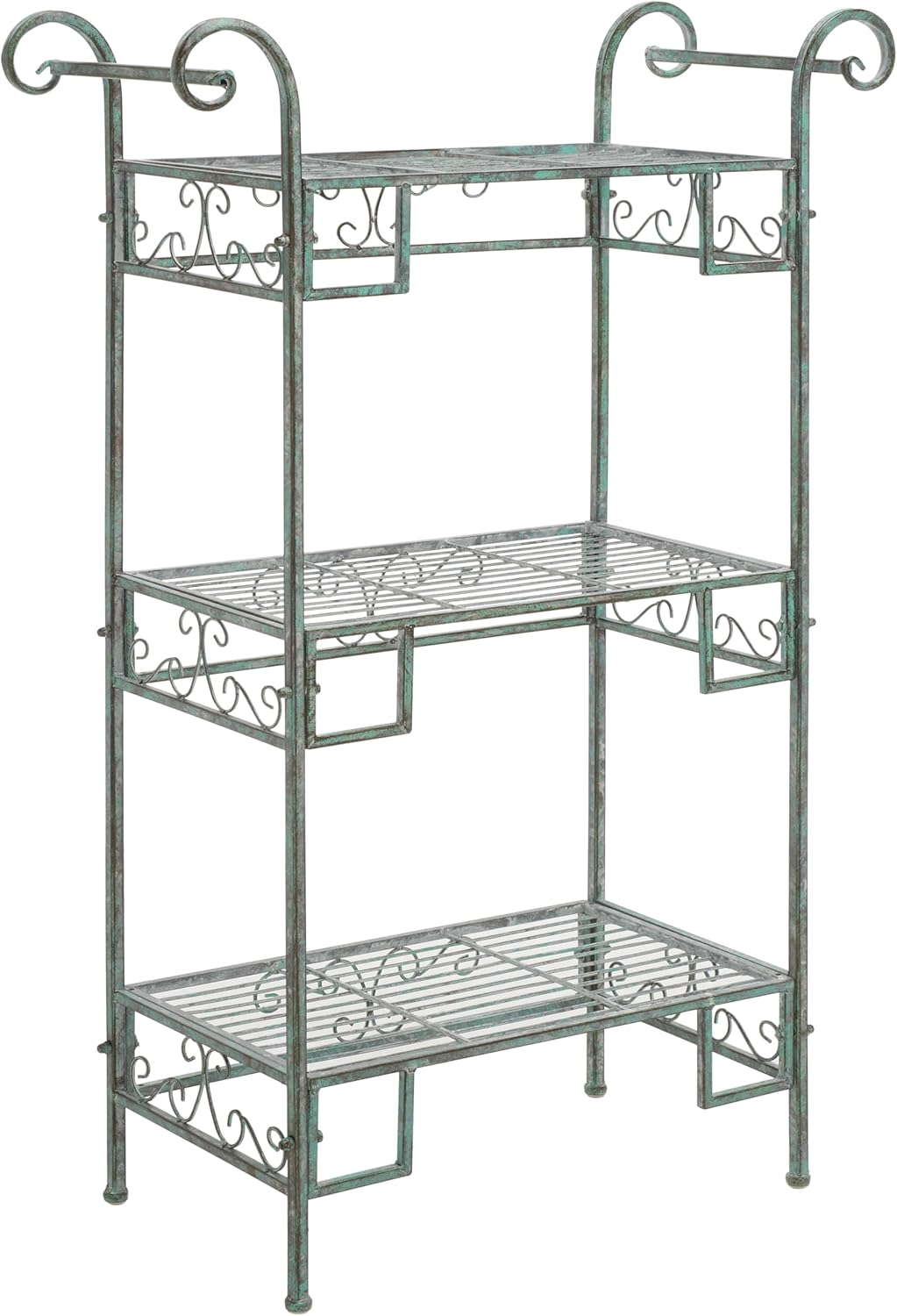 SAFAVIEH Outdoor Collection Noreen Victorian Scroll Antique Dark Green Wrought Iron 3-Tier Shelf