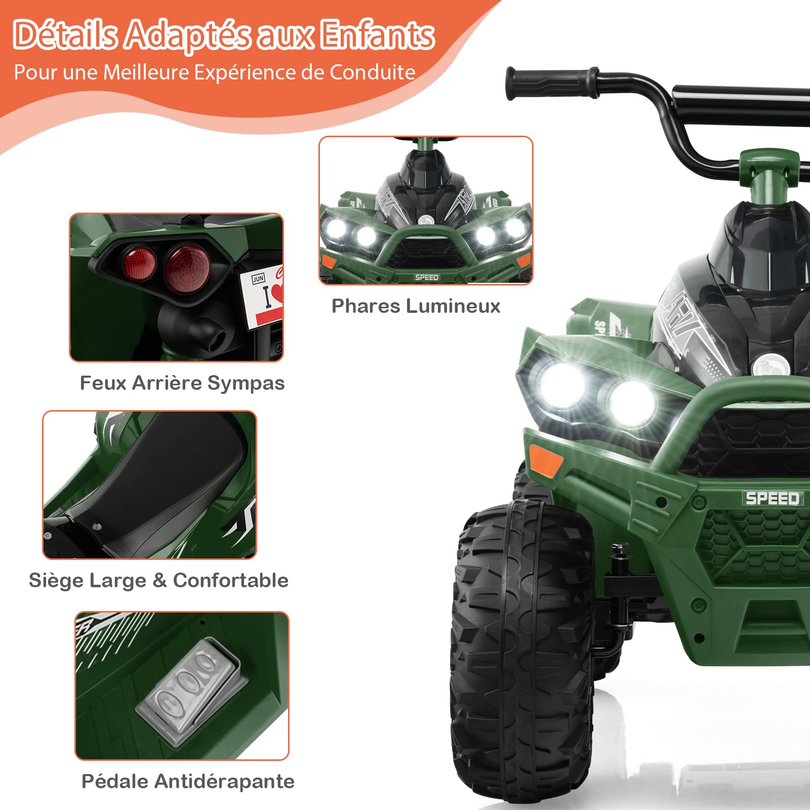 DREAMADE Quad Buggy Électrique Enfants 12V,Voiture Electrique Enfants 3-8Ans avec 2 Vitesses 2,2-4,3 km/h&Pédale&Phares LED&Klaxon&Musique,Véhicule Jouet Garçons Filles (Vert Militaire)