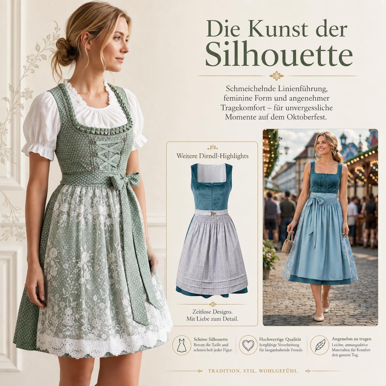 Dirndl Damen Oktoberfest Dirndlkleid mit Schürze und Spitzenbluse, Midi Trachtenkleid aus Samt, Elegantes Wiesn Outfit, Moderne Trachtenmode für Volksfest, Kostüm Große Größen