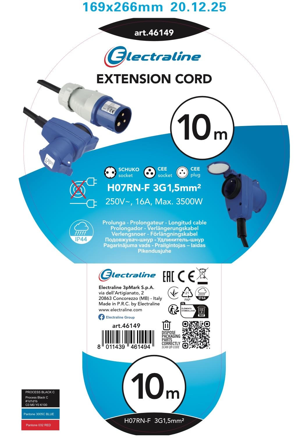 Electraline 46149 Extensión de goma RN-F 10m Conector IEC industrial de 3 polos + 1 Schuko Adecuado para Camper, Camping, Caravana, Barco, Construcción - IP44, 10 m, Negro