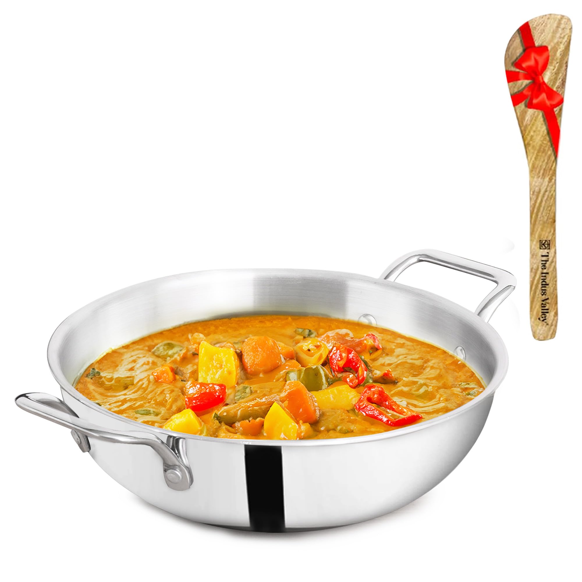 The Indus Valley Triply Stainless Steel Kadai/Kadhai with Free Wooden Spatula | Large, 26cm/10.2 inch, 4Ltr, 1.3kg | Induction Friendly | Nonstick 3-Layer Body,100% Toxin-Free,No Chemical Coating