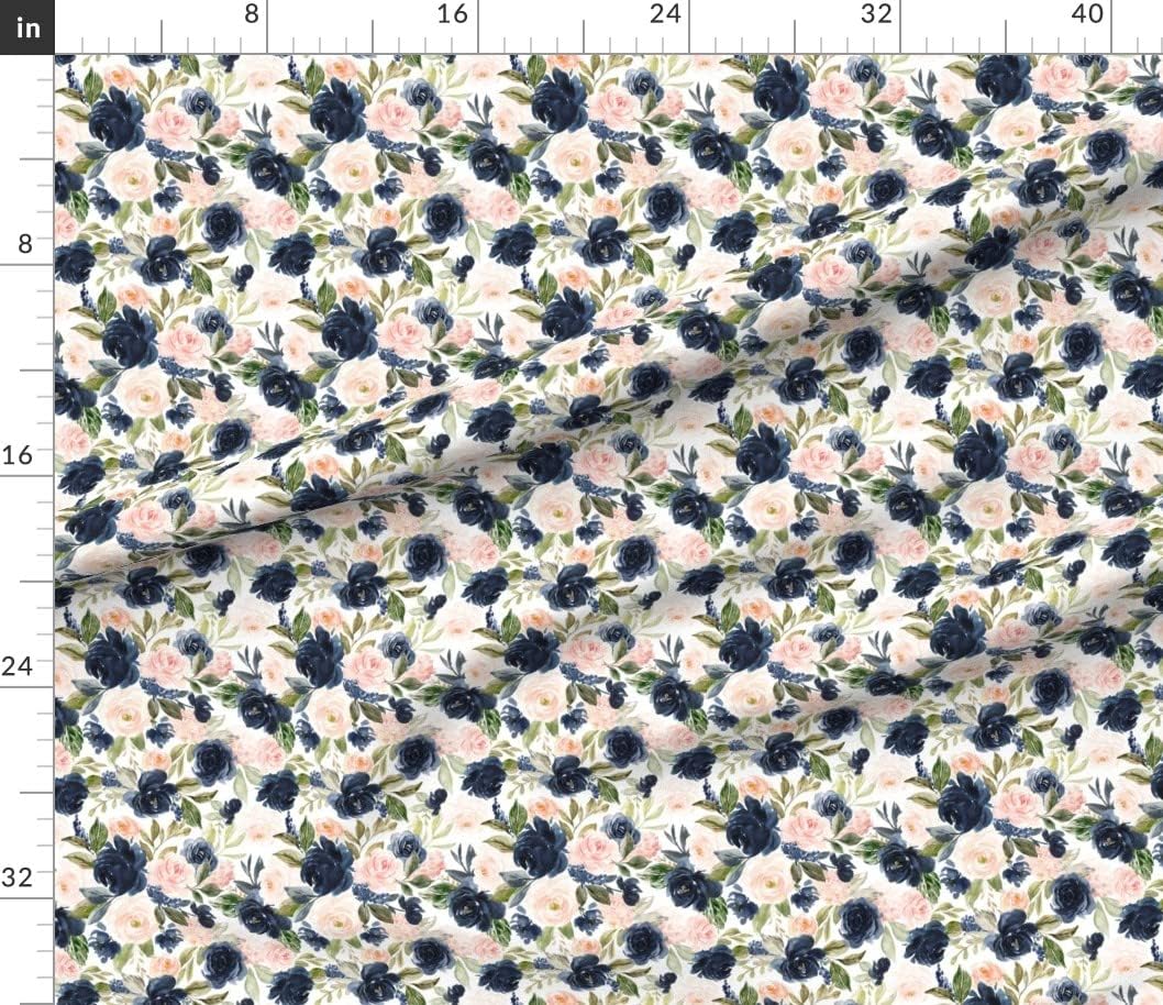 Spoonflower Fabric - Beach Blossoms White Flowers Floral Rose Navy Spring Roses Blush Printed on Petal Signature Cotton Fabric by The Yard - Sewing Quilting Apparel Crafts Decor