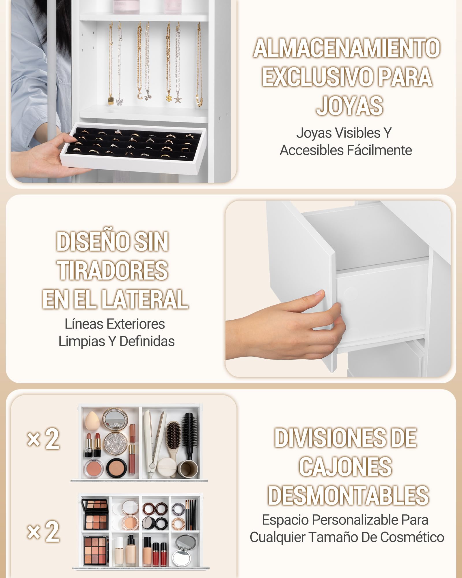 Hzuaneri 108 cm Tocador de Maquillaje, Tocador con Tablero de Cristal, Tira de Luz RGB, 8 Cajones, 9 Estantes de Almacenamiento Abiertos, Apto para Dormitorio, Blanco 1180203XEU