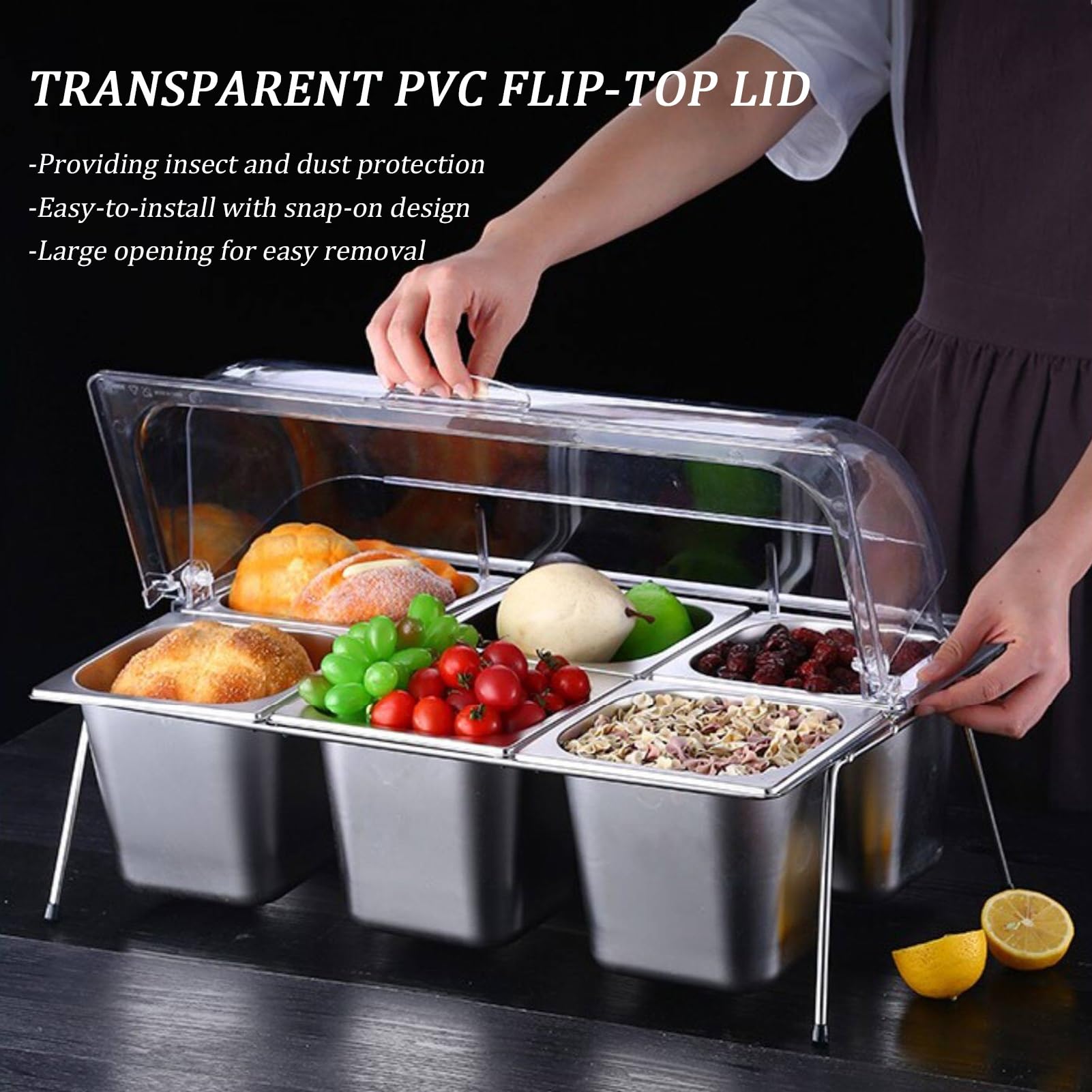 Contenedor de acero inoxidable para servir alimentos con tapa transparente, organizador de encimera, estante de exhibición de especias, contenedor de buffet de despensa para salsas y mermeladas