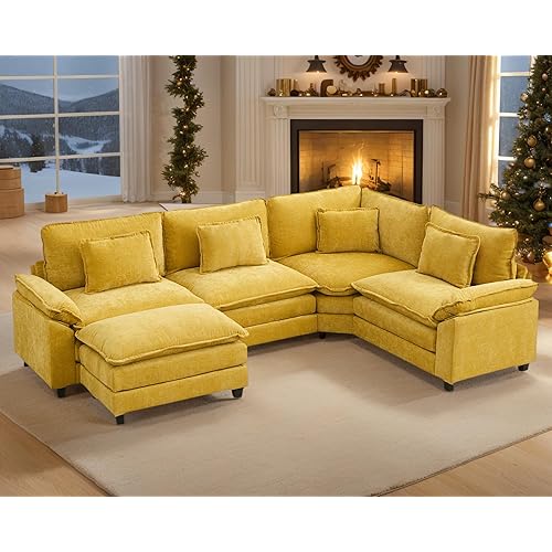112" Oversized Modular Sectional Sofa U-Shaped Corner Cloud Couch with Ottoman, Convertible Deep Seat Chenille Couch for Living Room, Spacious Space (Yellow, 4 Seater)