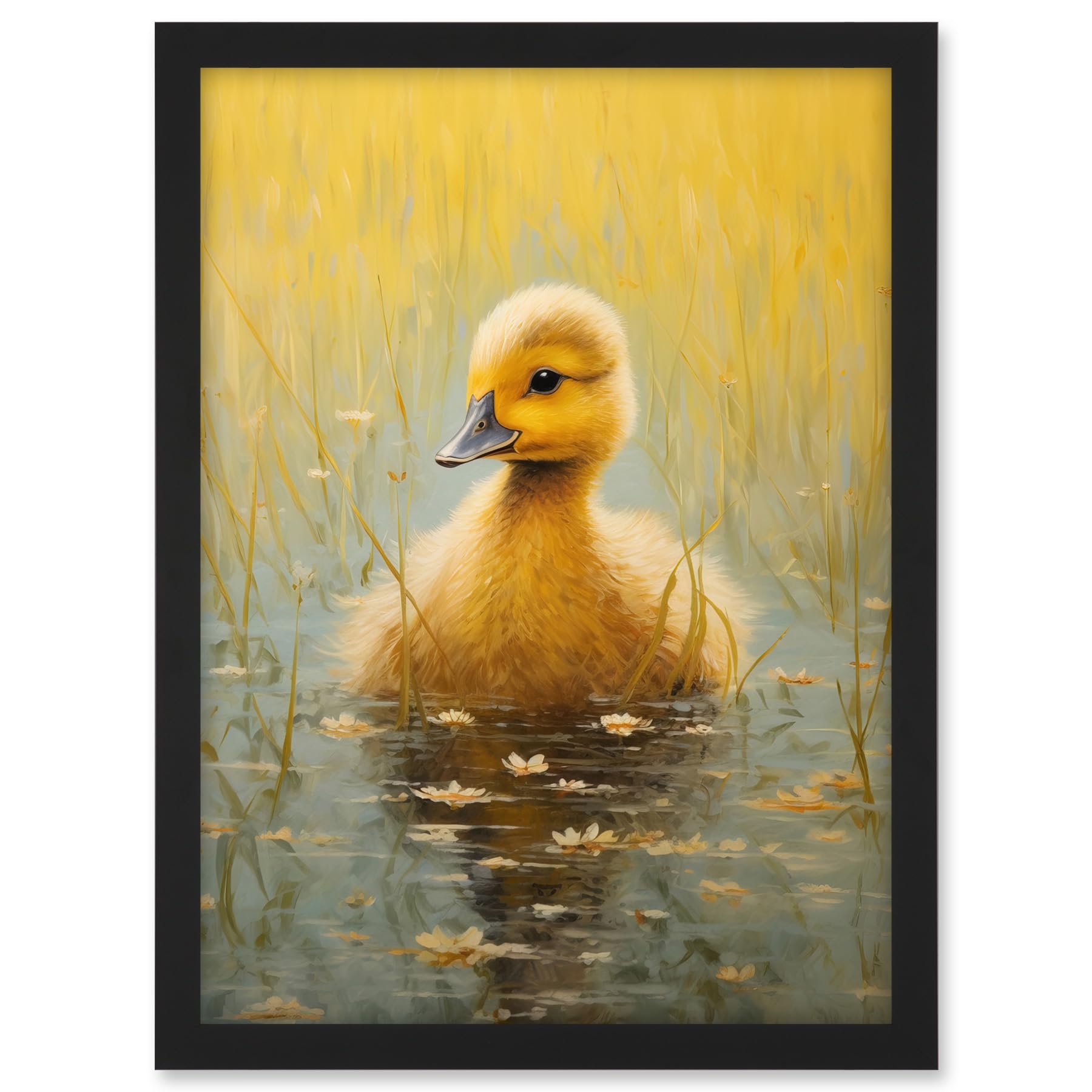 Artery8 Cute Yellow Ducking in Countryside Pond Oil Painting Kids Bedroom Baby Duck Bright Artwork Framed A3 Wall Art Print