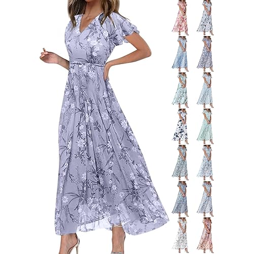 Women's Floral Maxi Dress Flowy Elegant Summer Chiffon Garden Party Dress Trendy Short Sleeve V Neck Long Dress