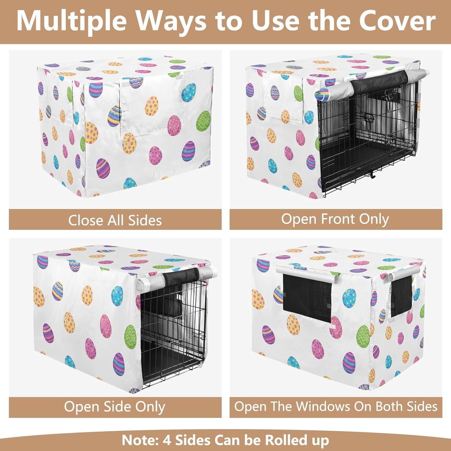 Colorful Easter Eggs White Dog Crate Covers S-XL UV-Resistant Pet Kennel Cover with Mesh Windows, Reduces Barking, Large